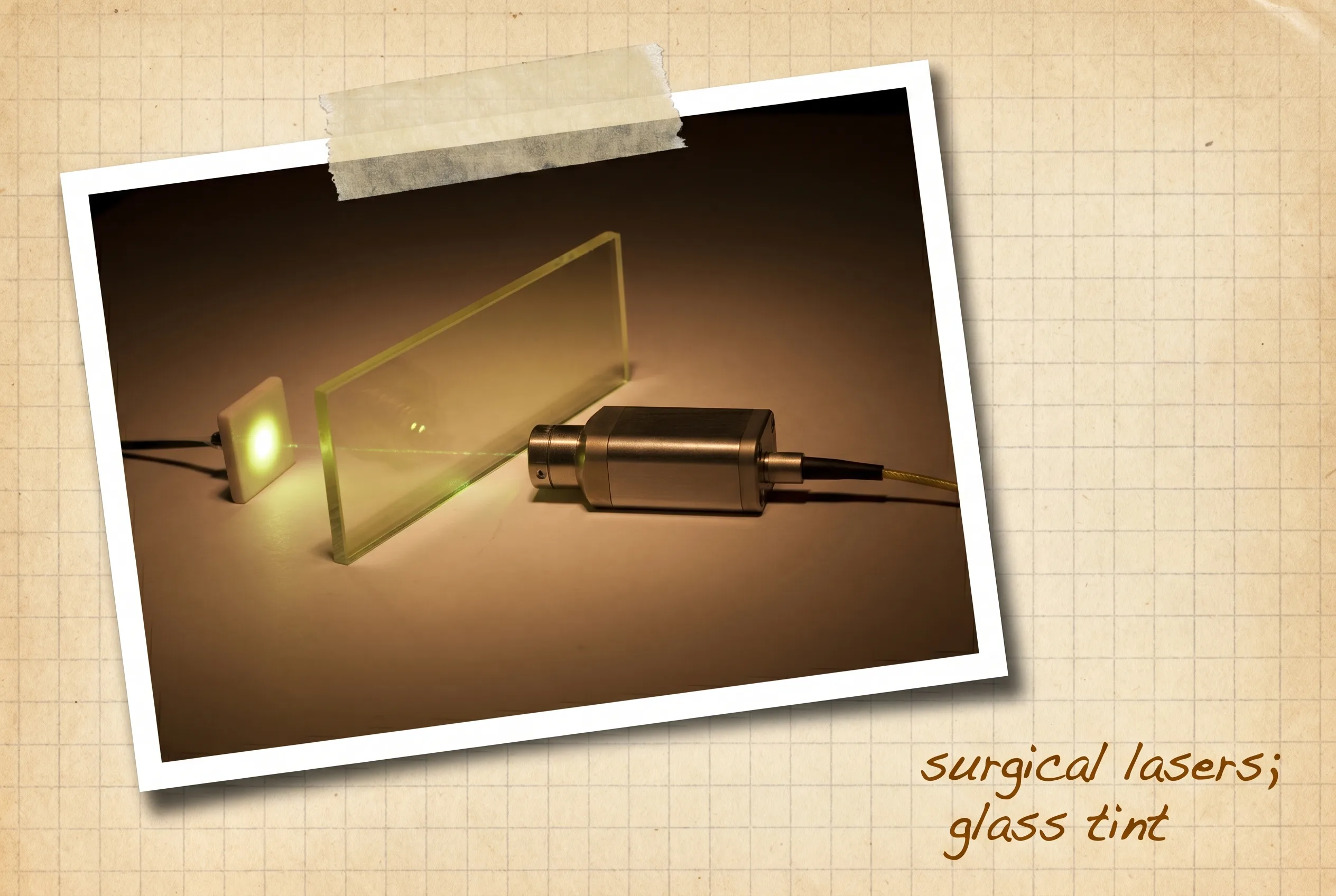 Surgical laser focused on a glowing point beside a slab of yellow-tinted glass.