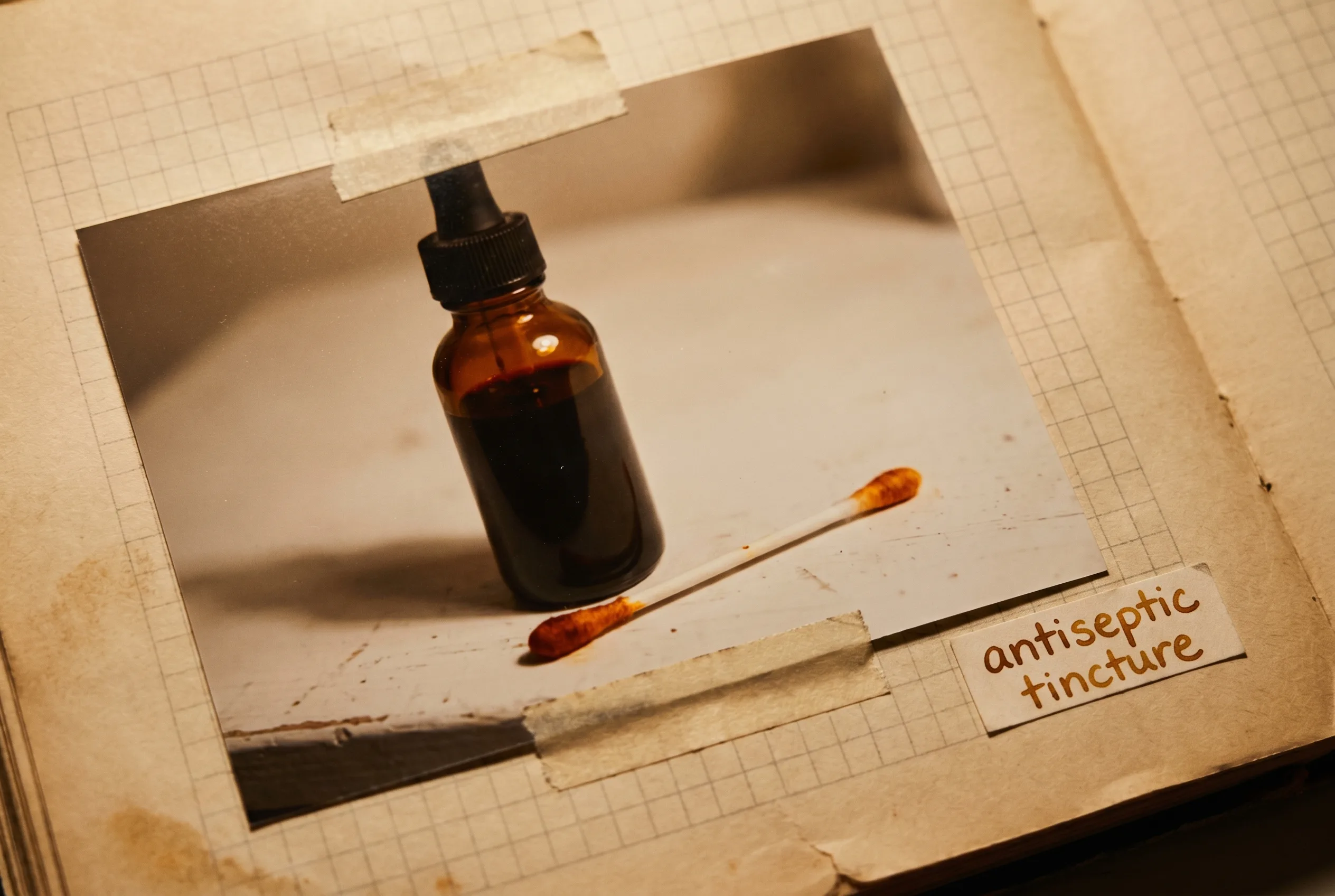 A glass dropper bottle of brown iodine tincture beside an orange-brown stained swab.