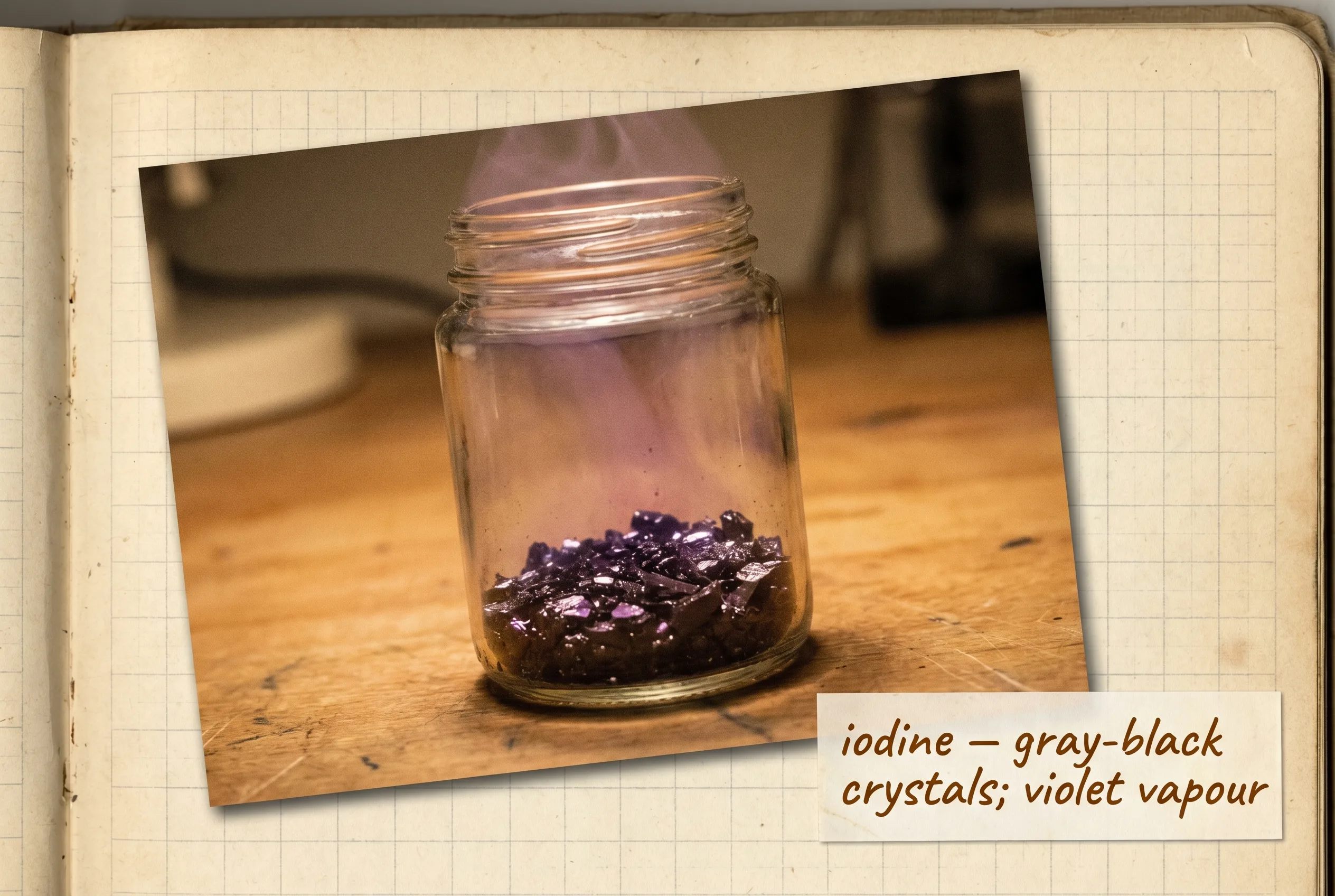 Lustrous purple-black iodine crystals in a glass jar with violet vapor rising above.