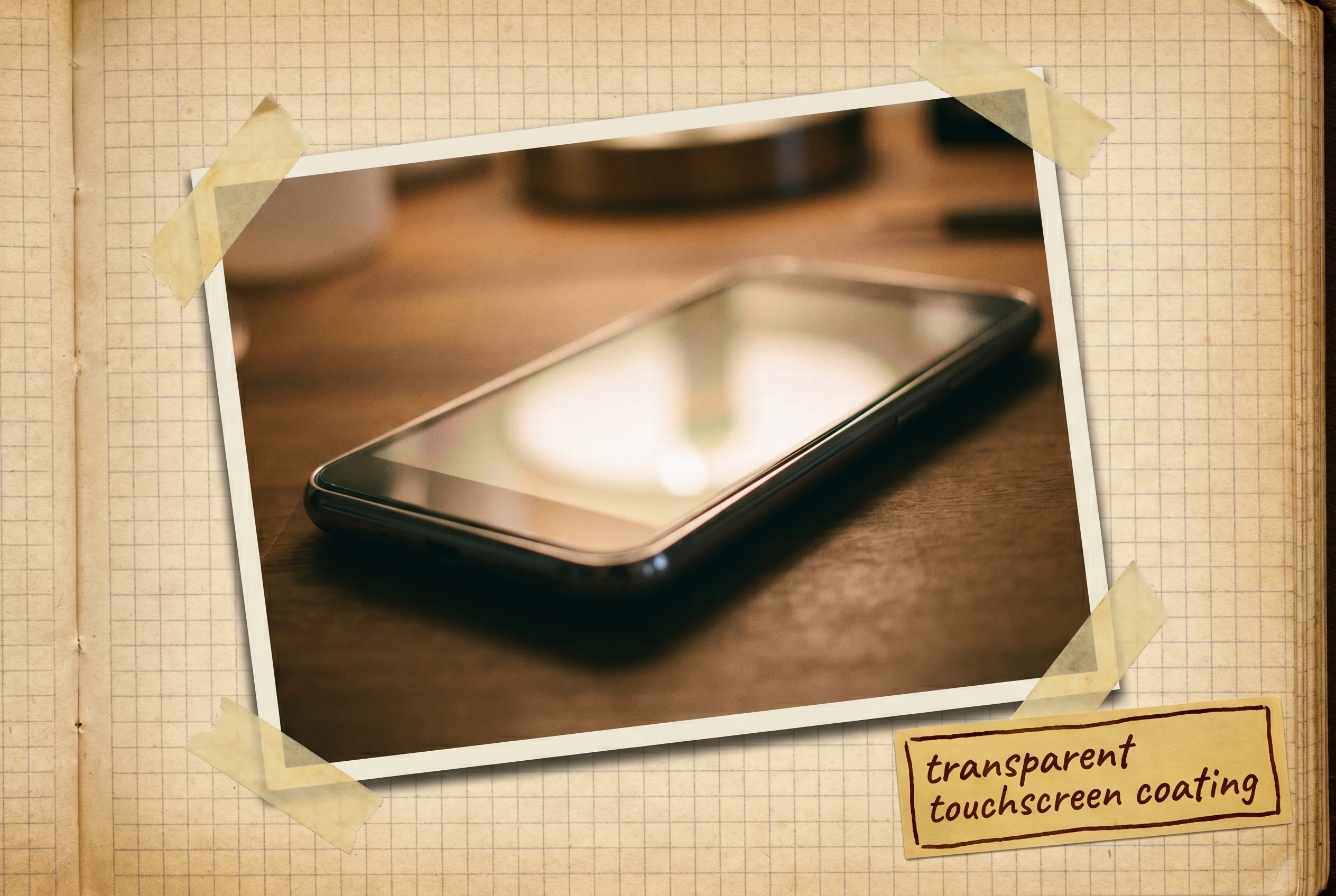 Glowing smartphone touchscreen glass panel held up, faintly reflective.