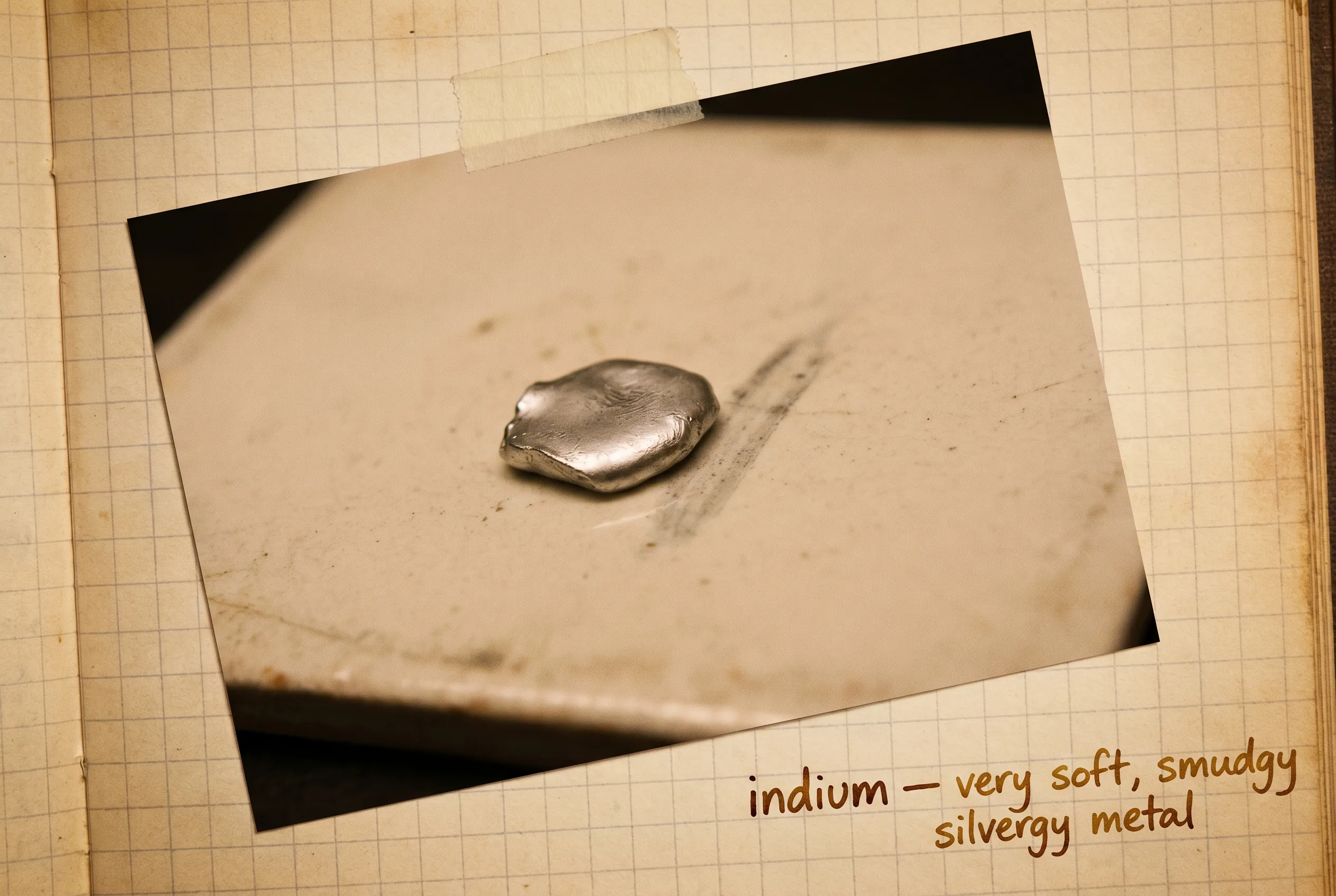 Soft dull silvery metal piece with a smudged matte surface on a plain surface.
