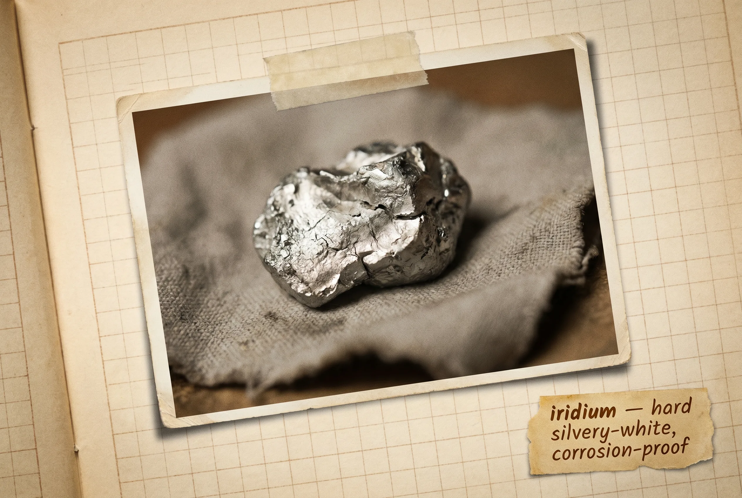 Rough silvery-white iridium nugget with a fractured surface on neutral gray cloth.