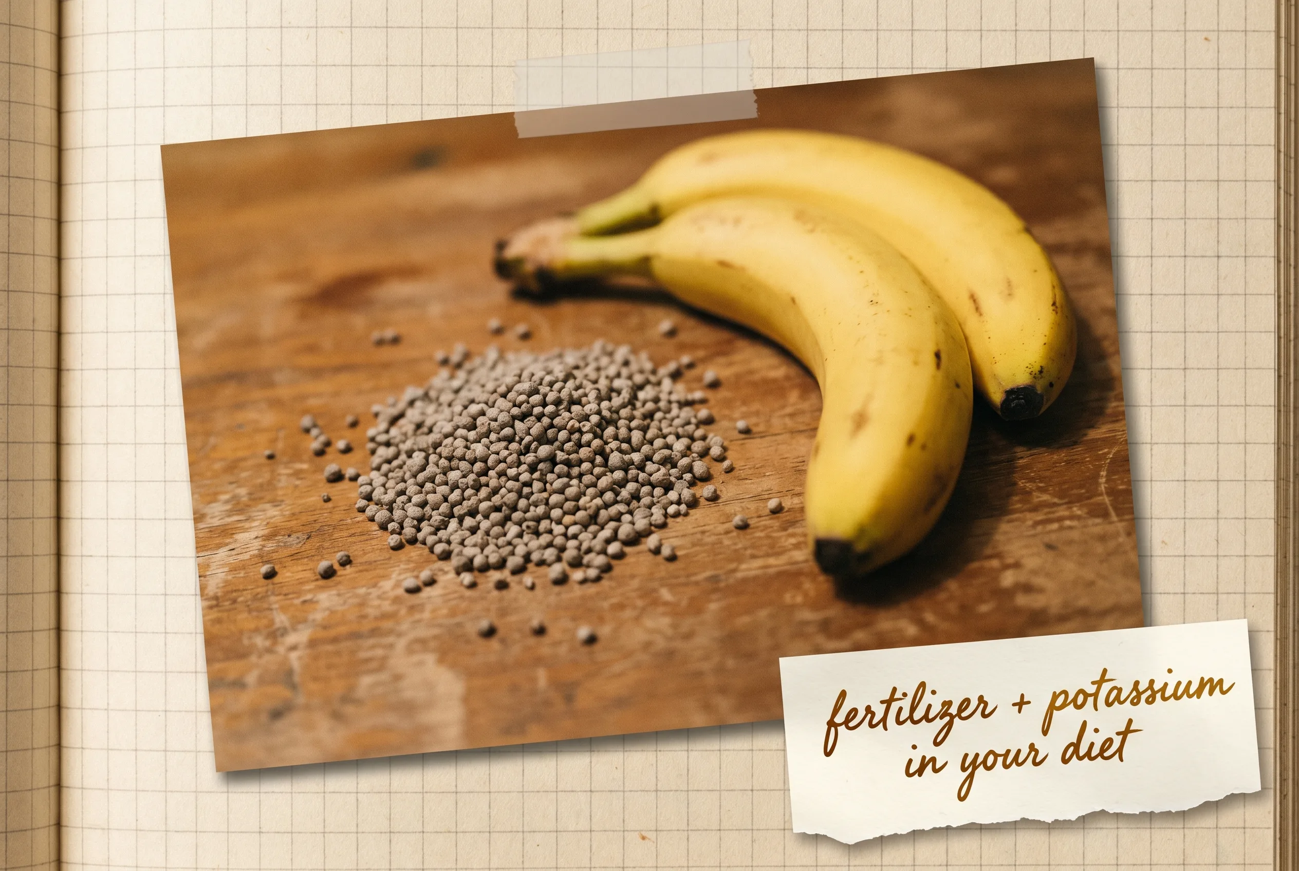 Granular fertilizer pellets and ripe bananas on a wooden surface.