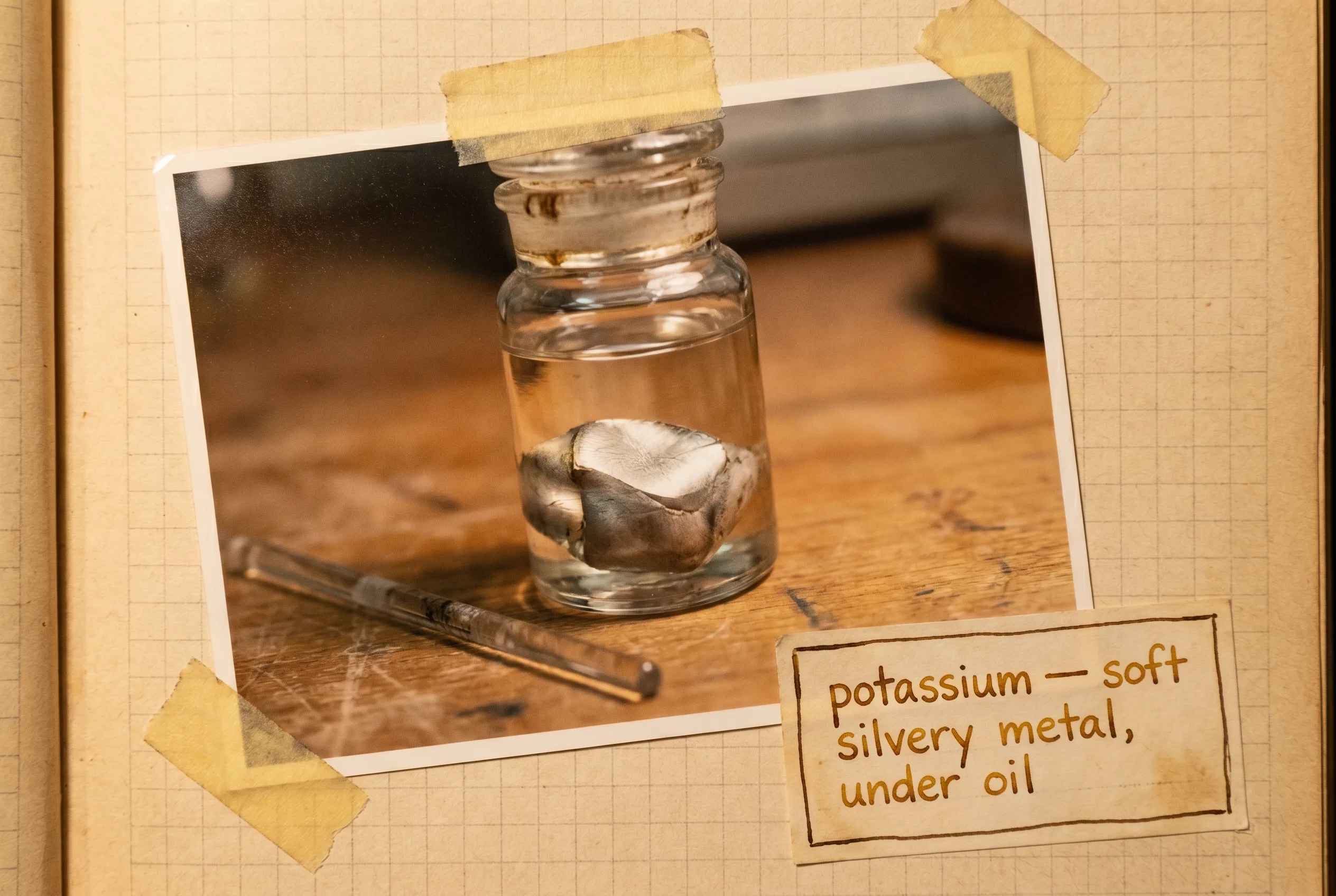 A soft silvery lump of potassium metal submerged in clear oil in a glass jar.