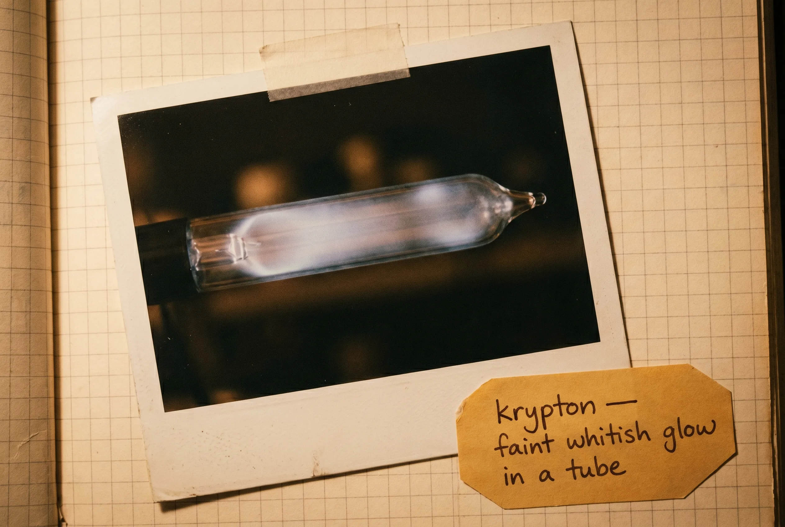 A slender glass discharge tube glowing faint whitish-blue against a black background.
