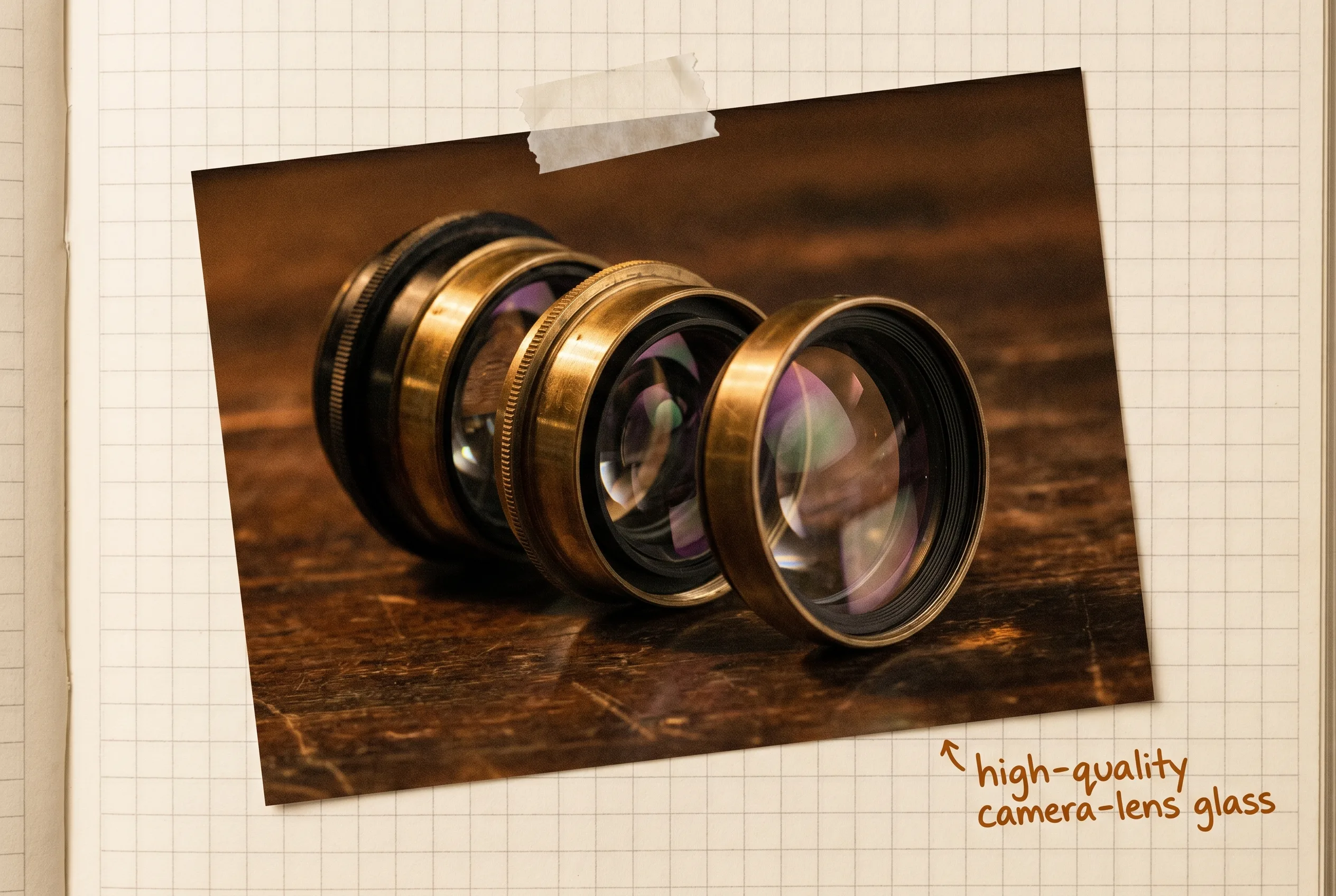 Camera lens assembly with curved glass elements and faint colored reflections.