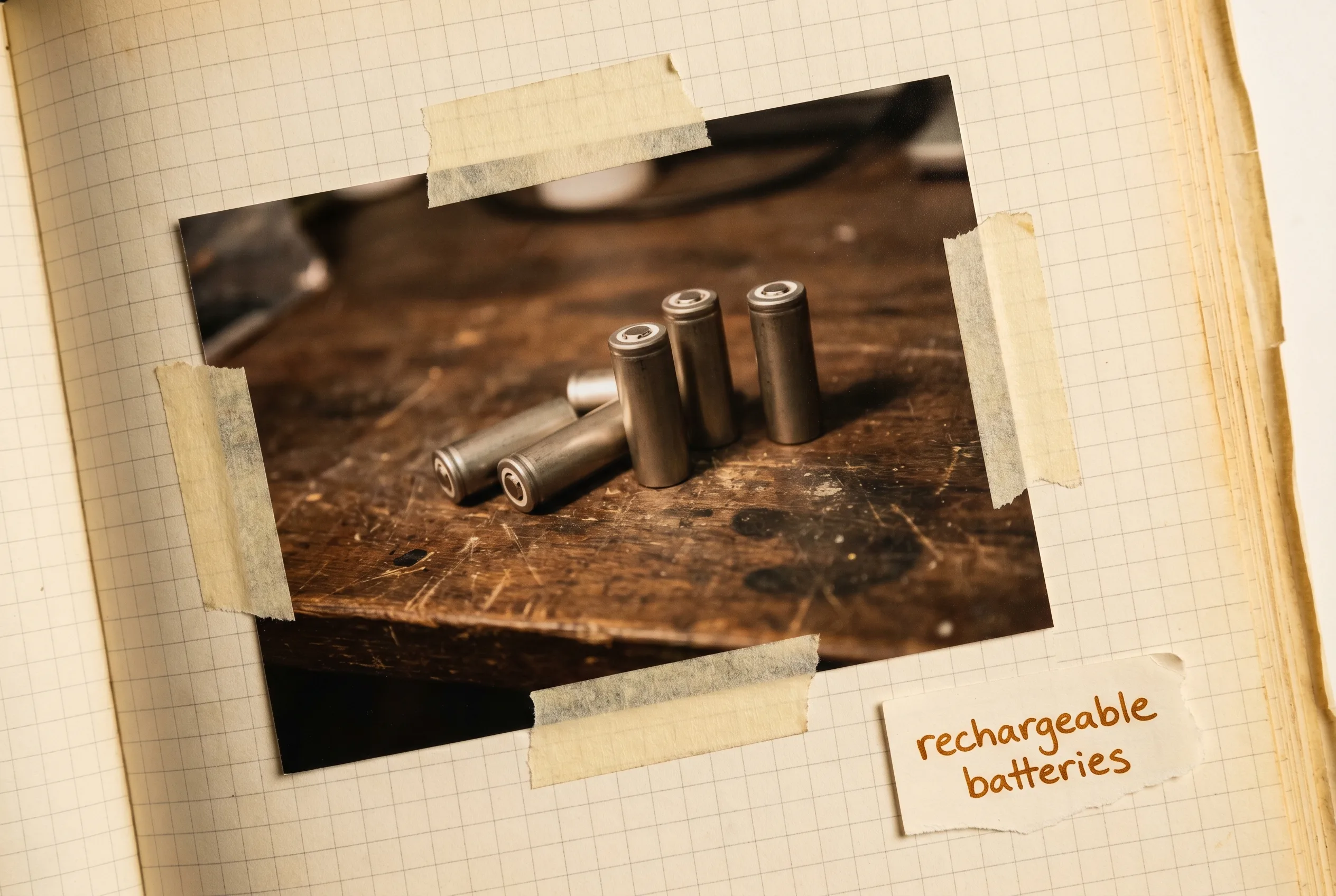 Small cylindrical rechargeable battery cells on a dark workbench.