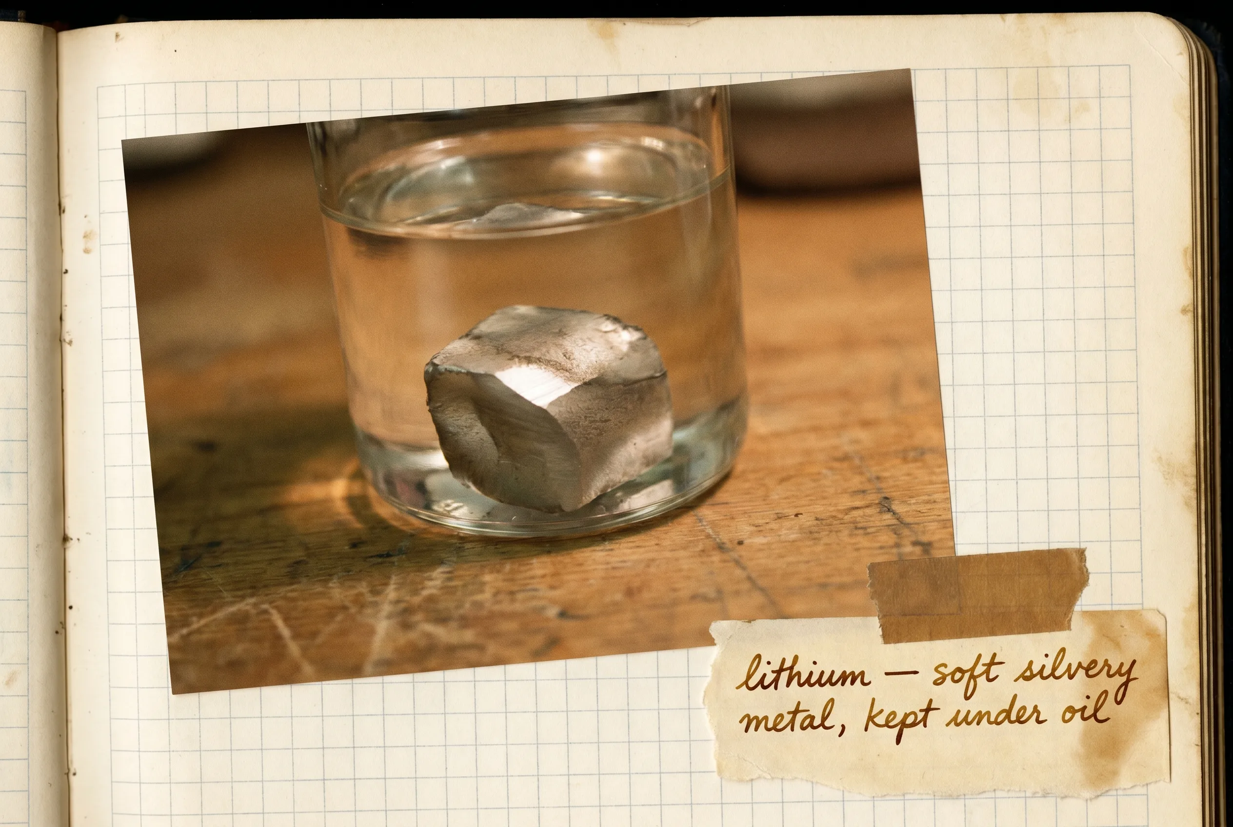A chunk of soft silvery lithium metal half-submerged in clear oil in a glass jar.