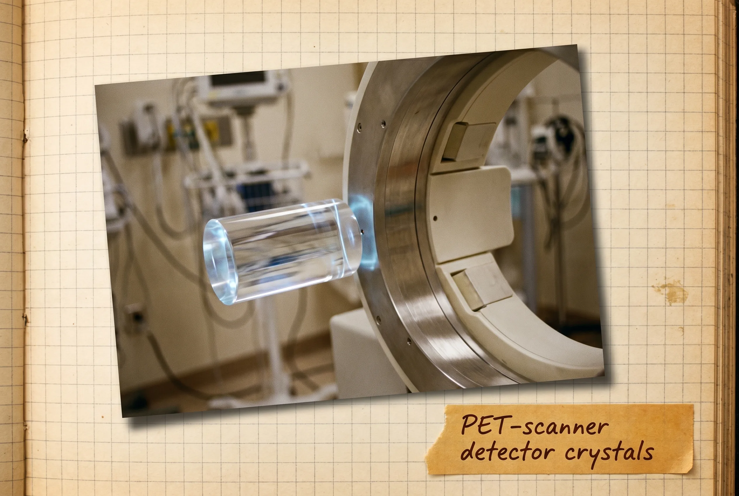 Clear scintillator crystal cylinder beside a ring-shaped PET medical scanner.