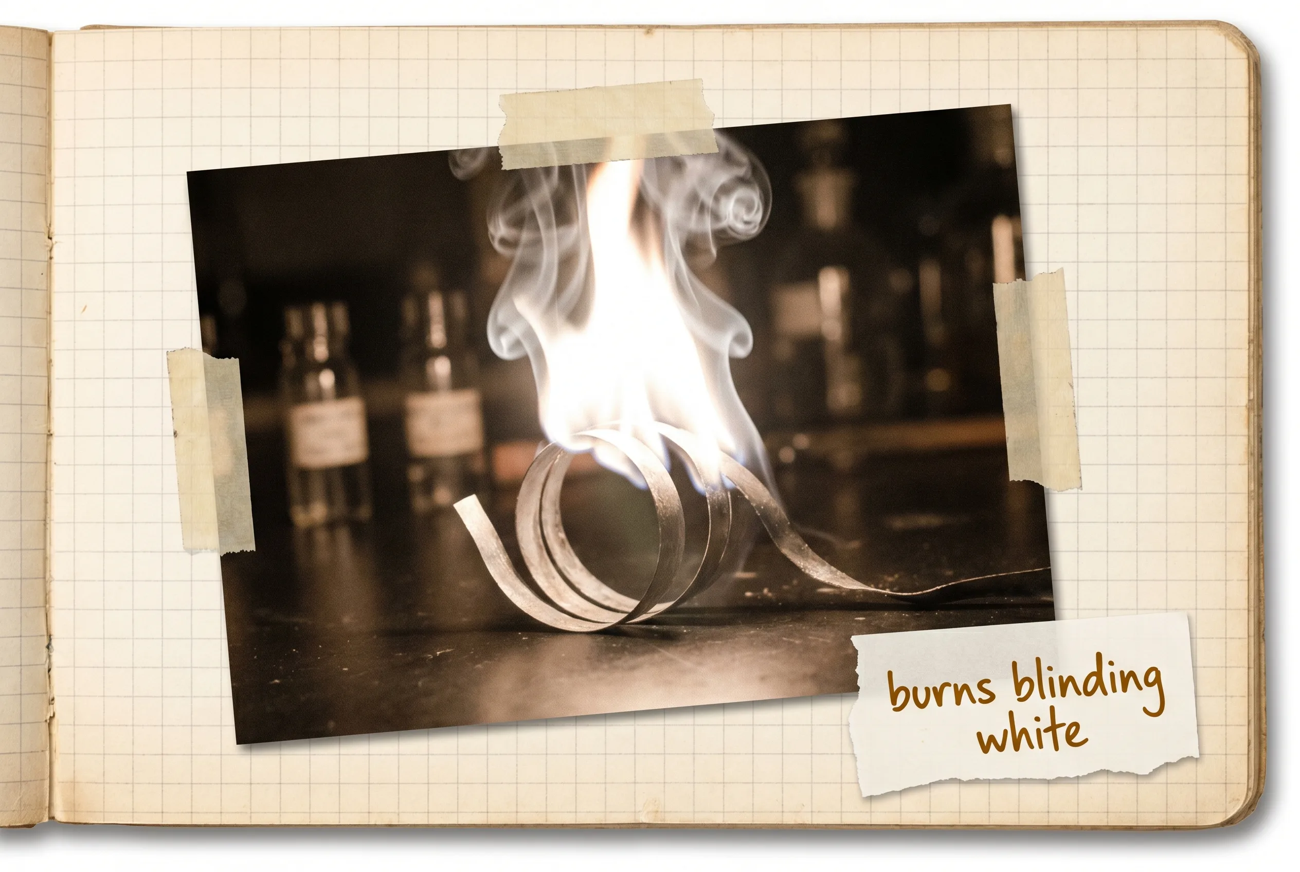 A strip of magnesium ribbon burning with an intense brilliant-white flame.