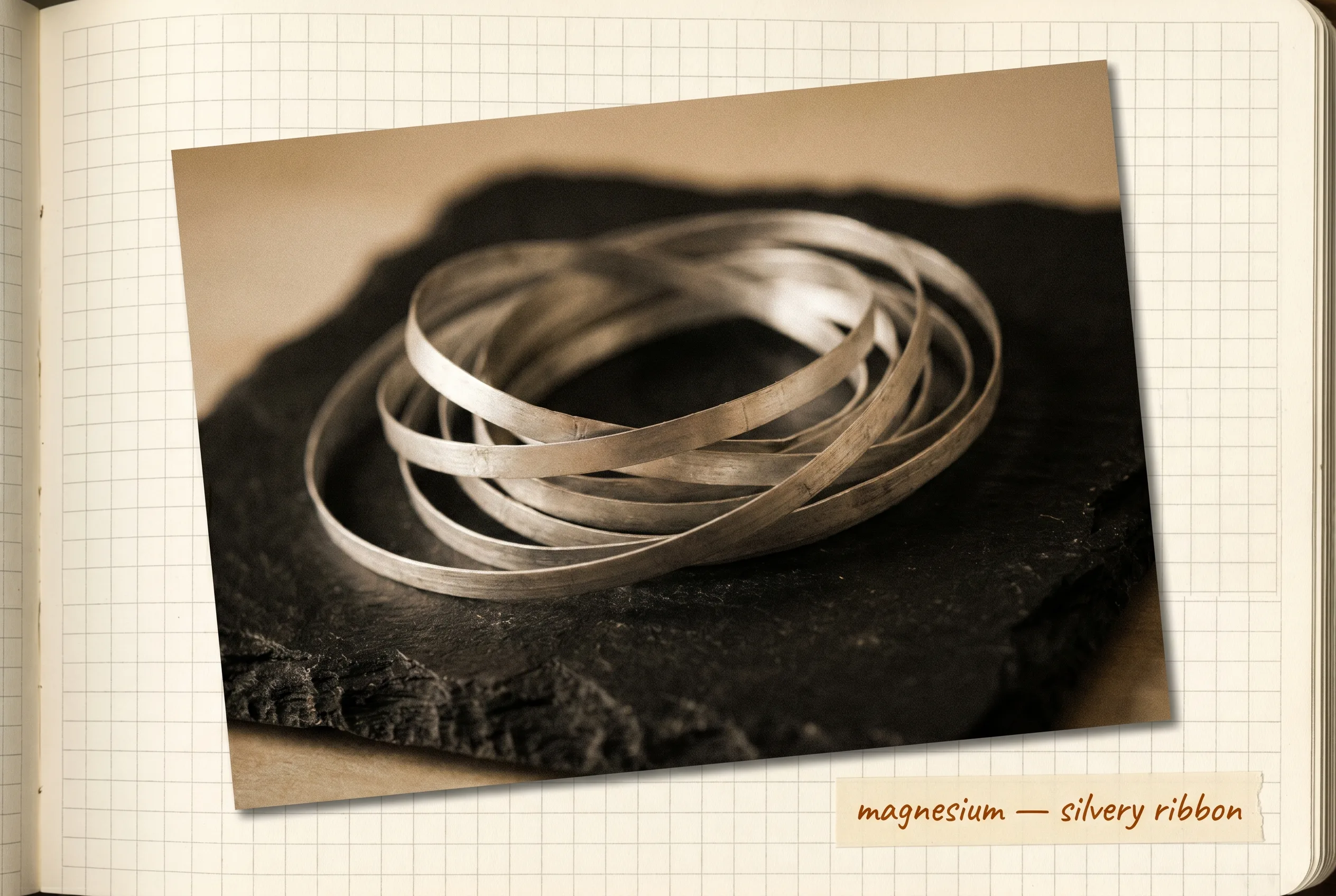 A loose coil of dull silvery magnesium ribbon on black slate.