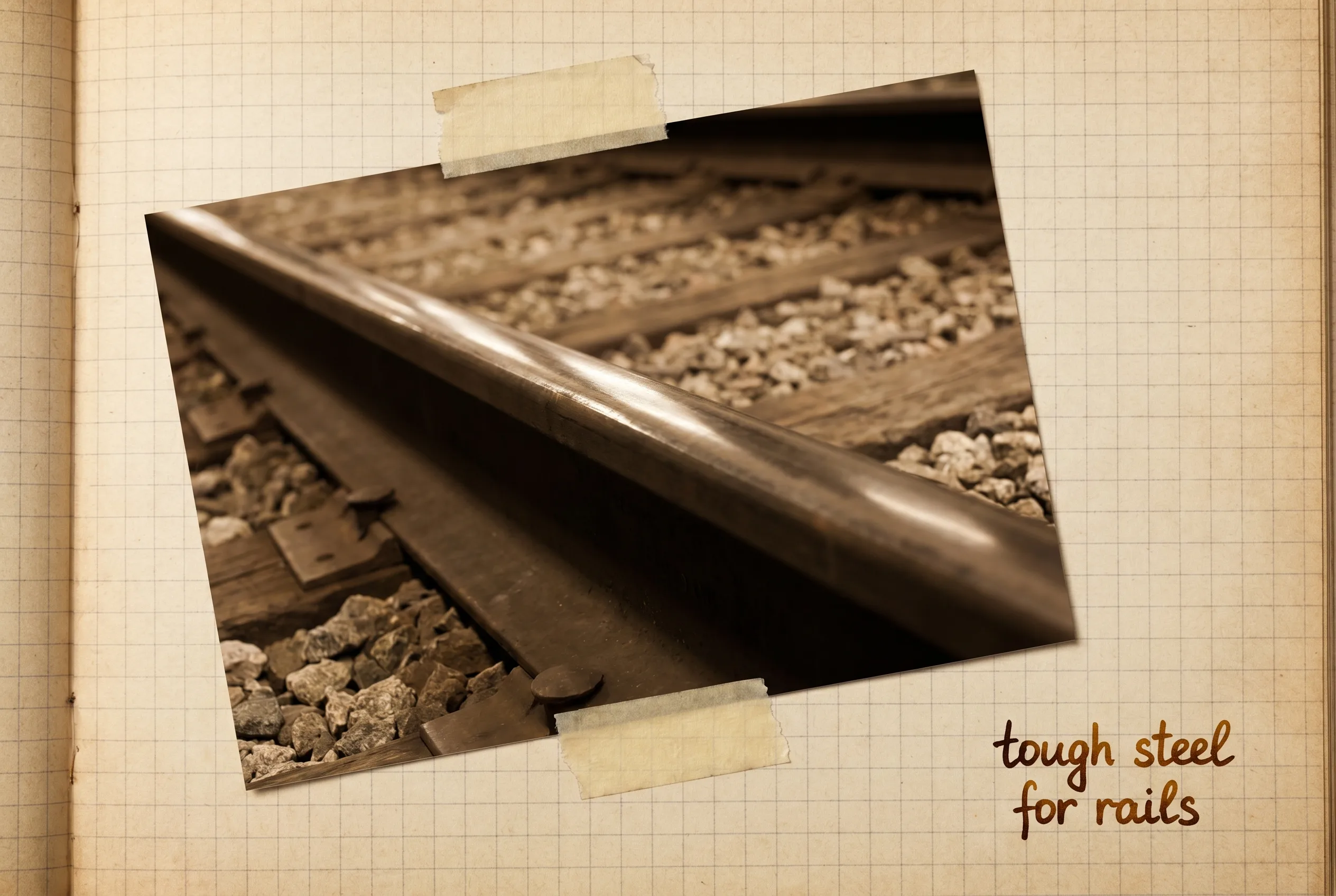 A heavy manganese-steel railroad track worn shiny on top, on gravel ballast.
