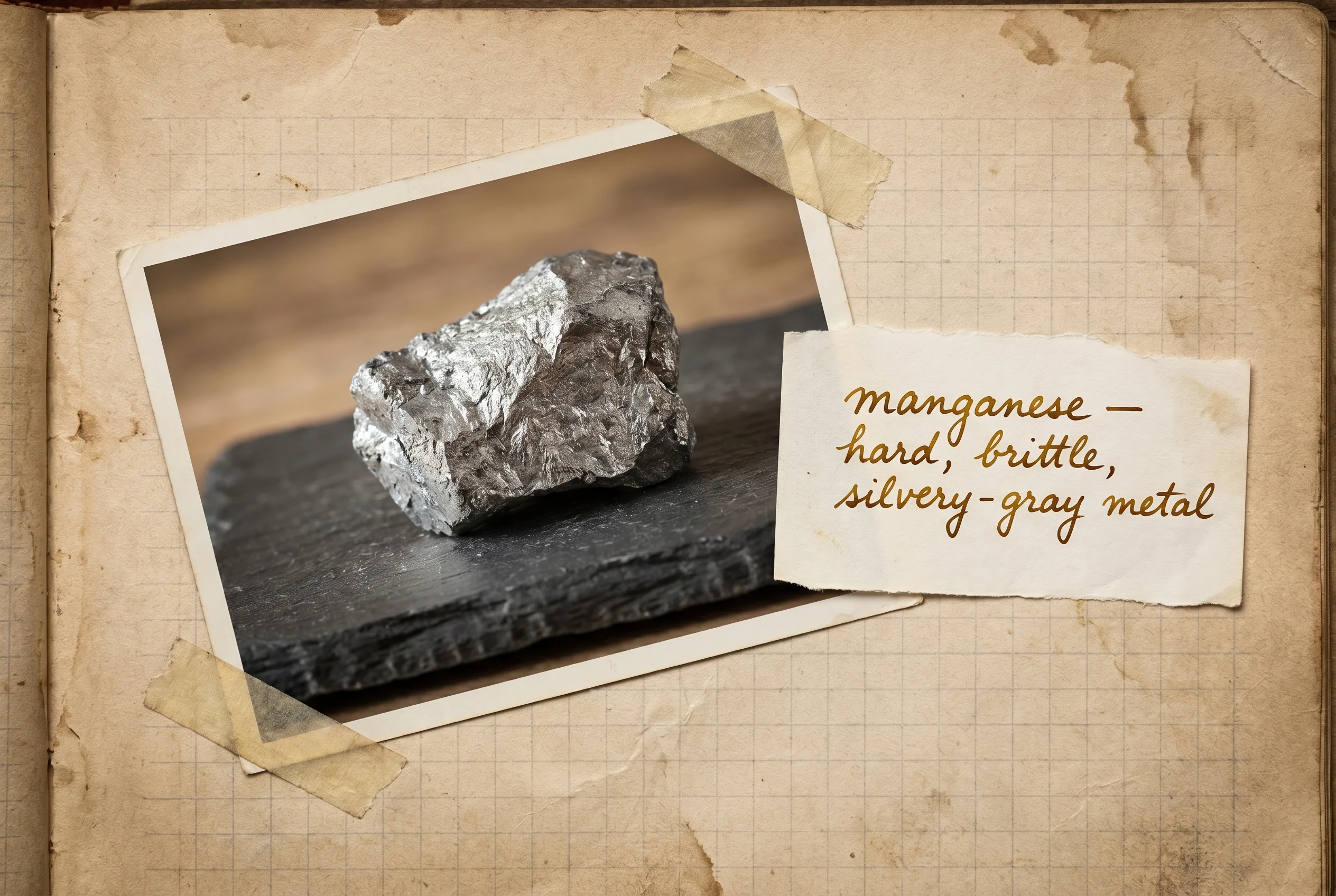 A hard, brittle chunk of silvery-gray manganese metal on dark slate.
