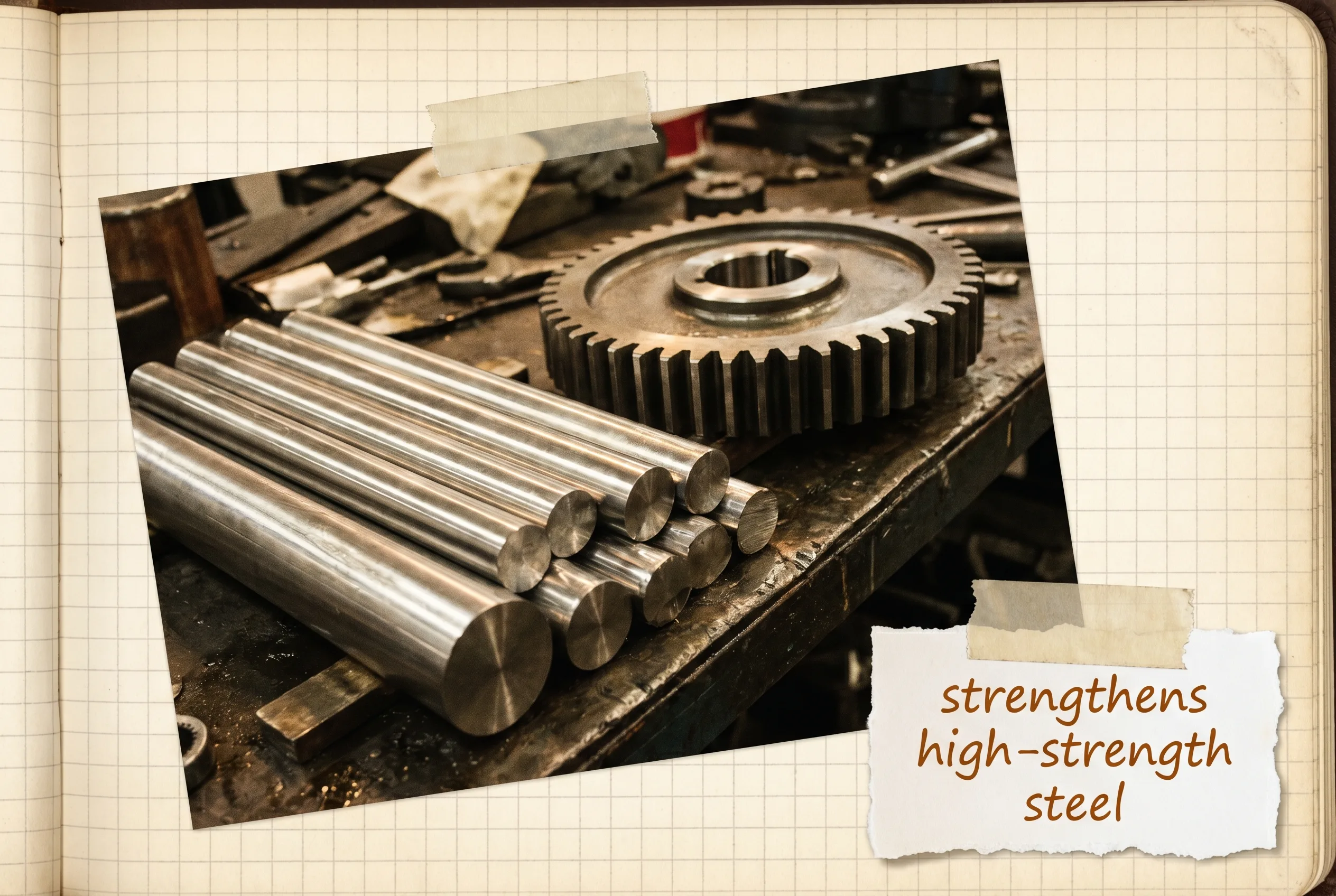 A stack of heavy polished steel bars and a large gear on a dark workshop surface.