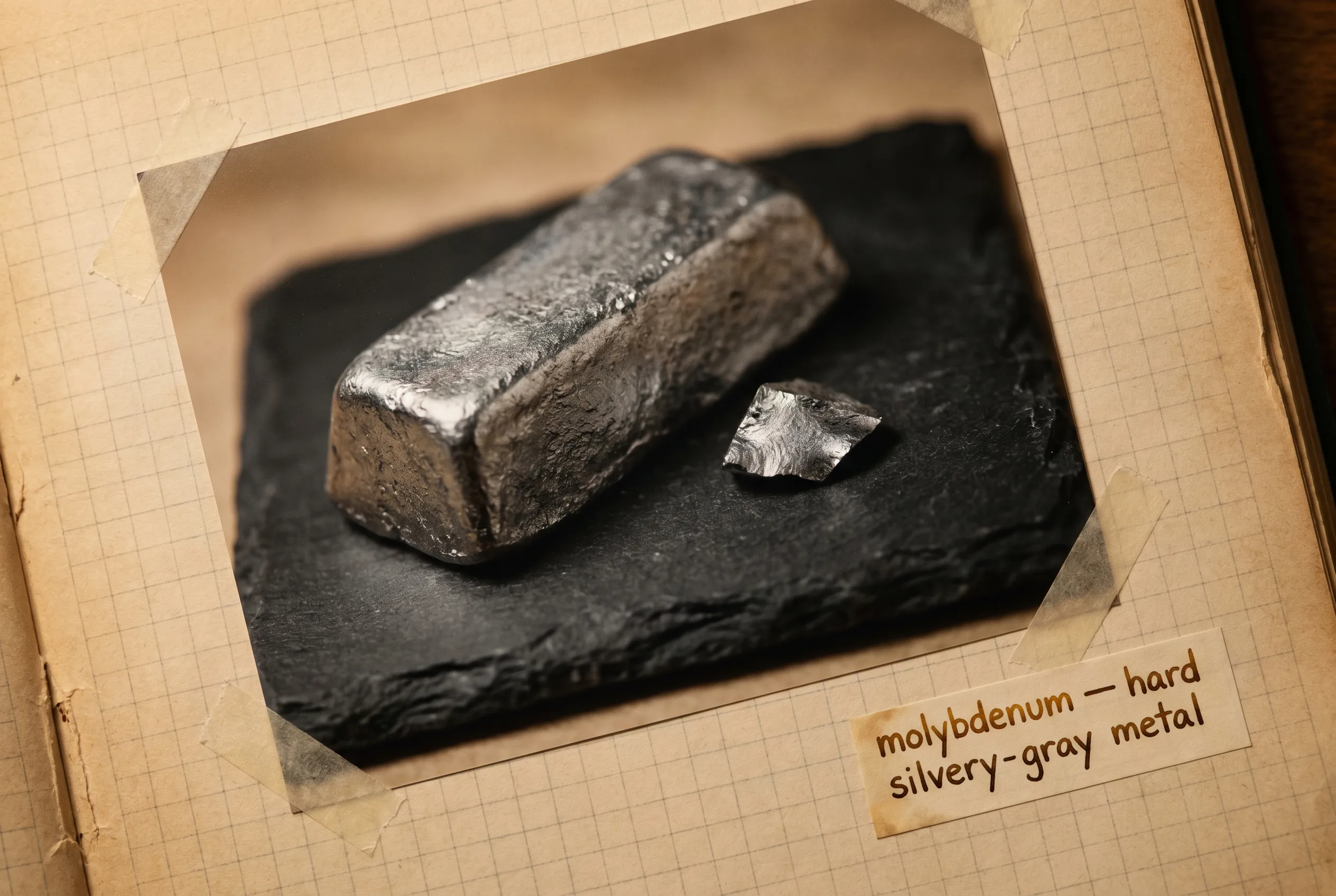 A hard silvery-gray molybdenum ingot and chip with a cool luster on black slate.