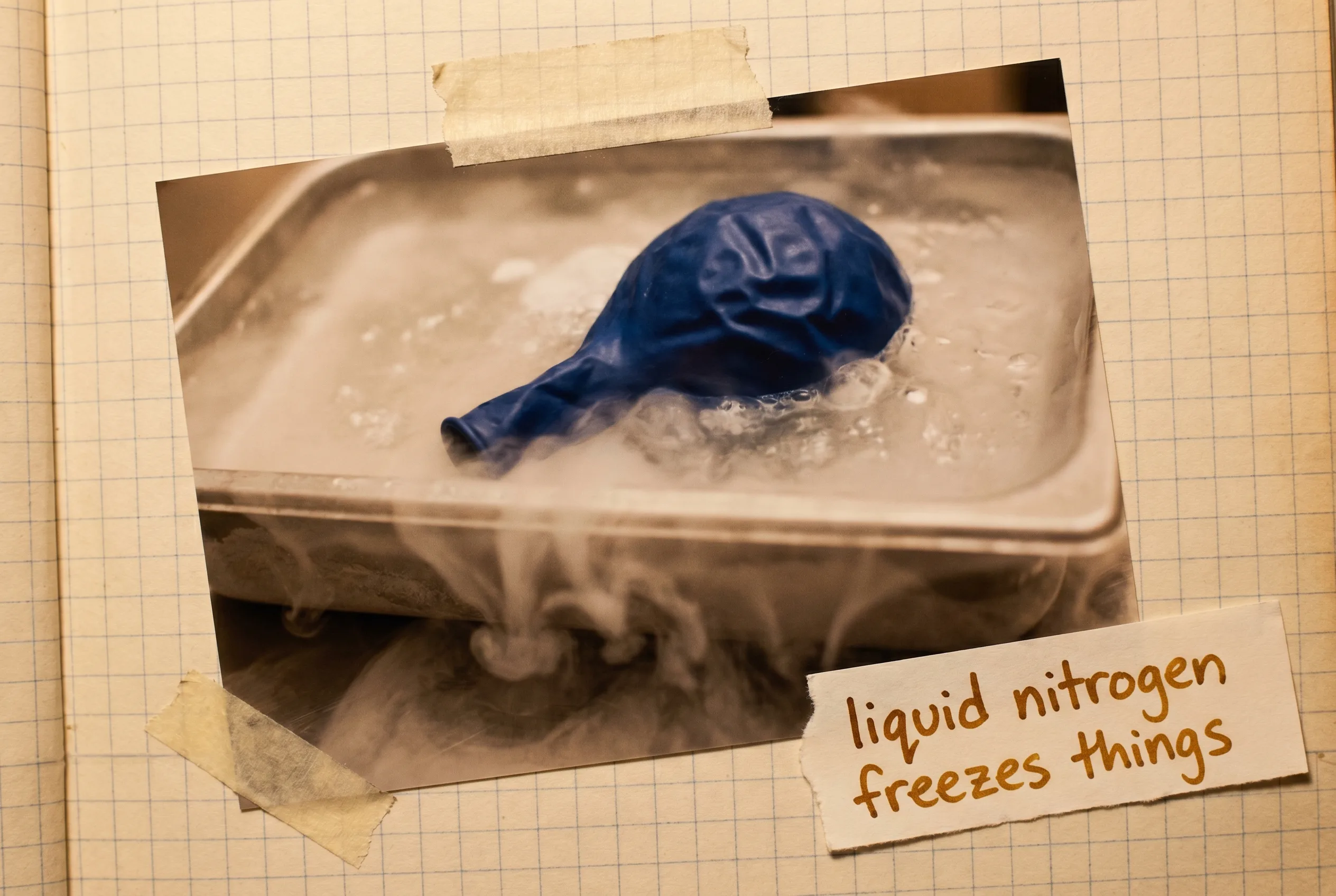 A balloon dipped toward a tray of liquid nitrogen as it shrinks in the white fog.