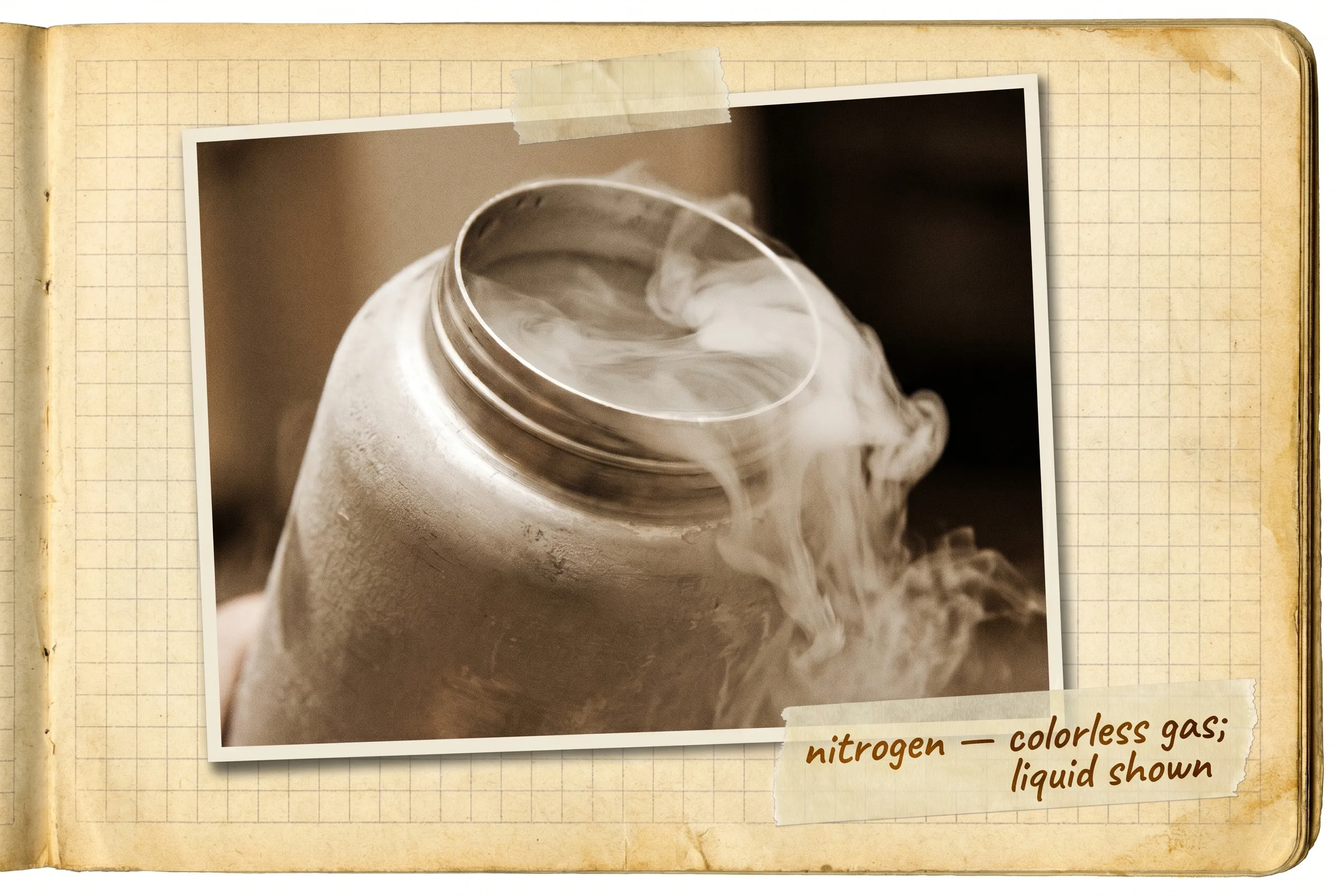 An open metal dewar of liquid nitrogen with white cold vapor pouring over the rim.