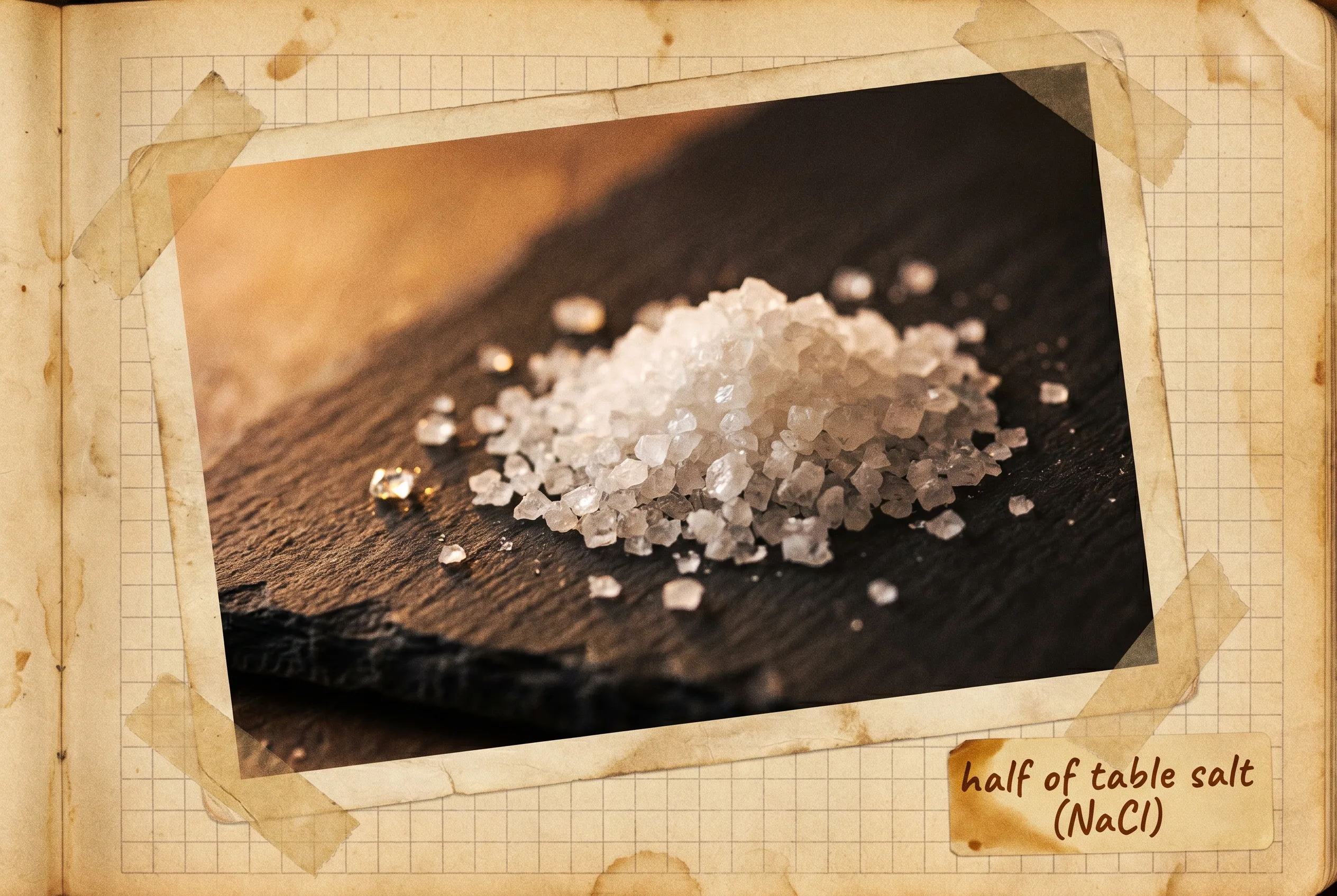A small heap of coarse white table-salt crystals on dark slate.