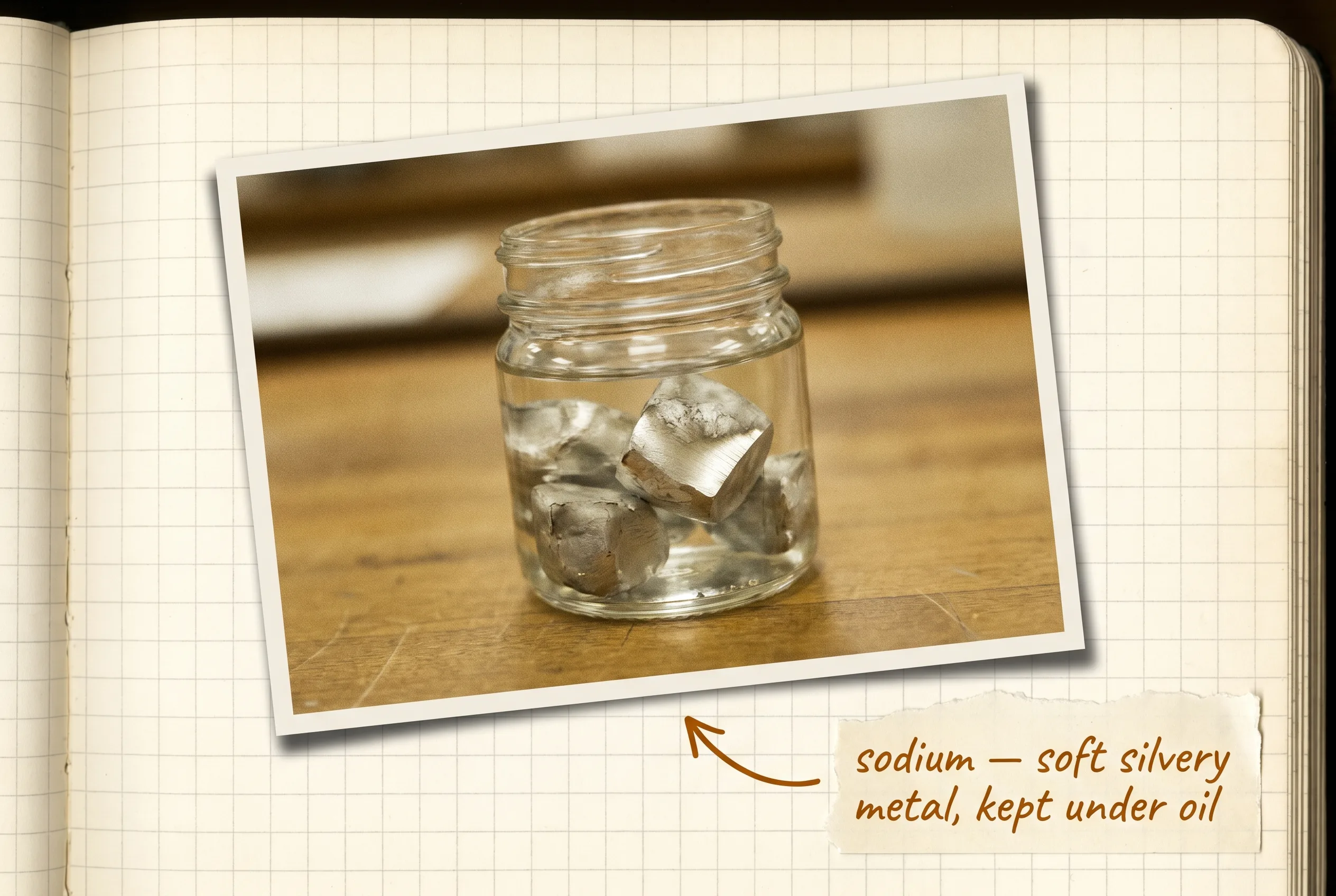 Lumps of silvery sodium metal under oil in a glass jar, one freshly cut and shiny.
