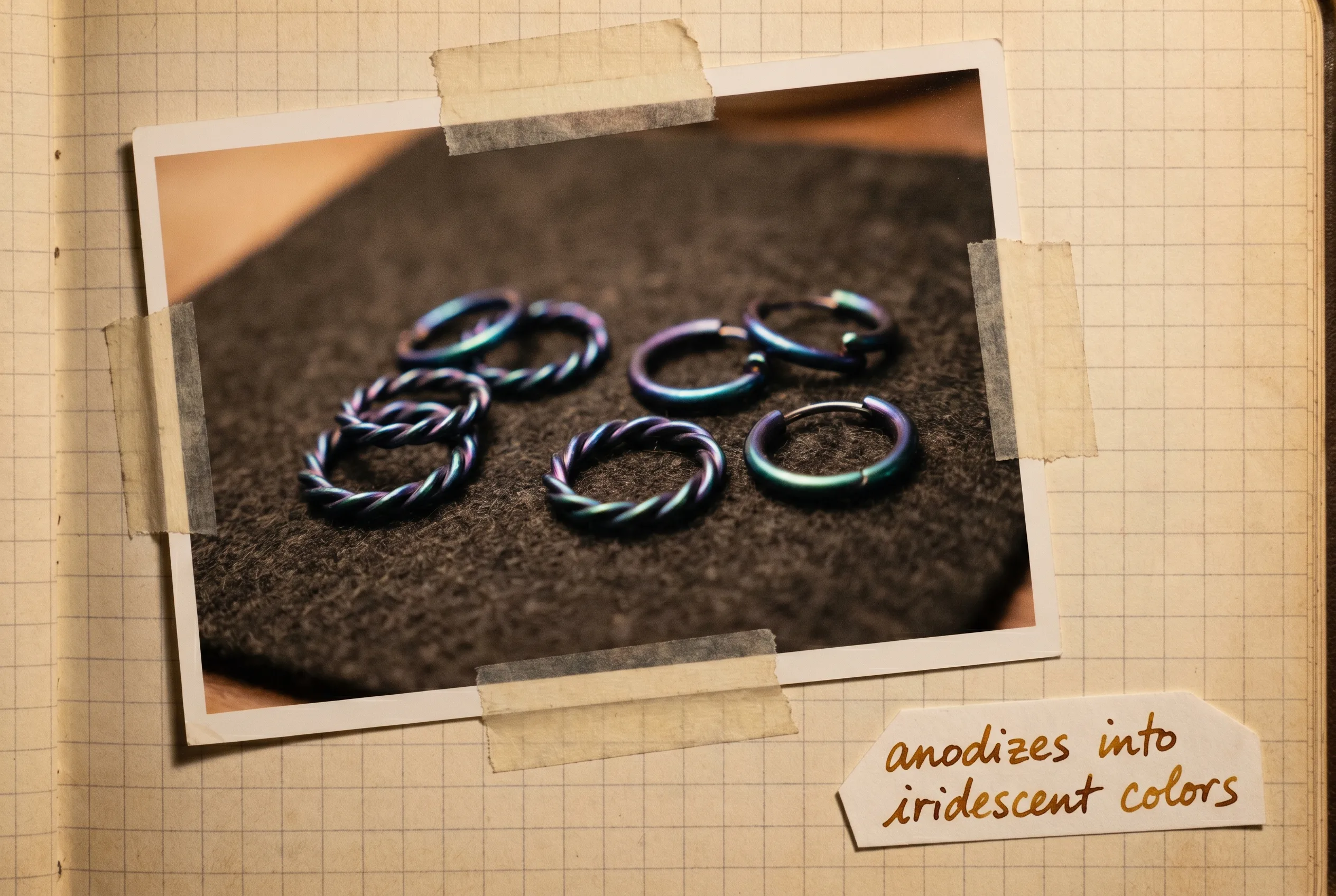 Anodized niobium jewelry glowing iridescent blue, purple and green on a dark surface.
