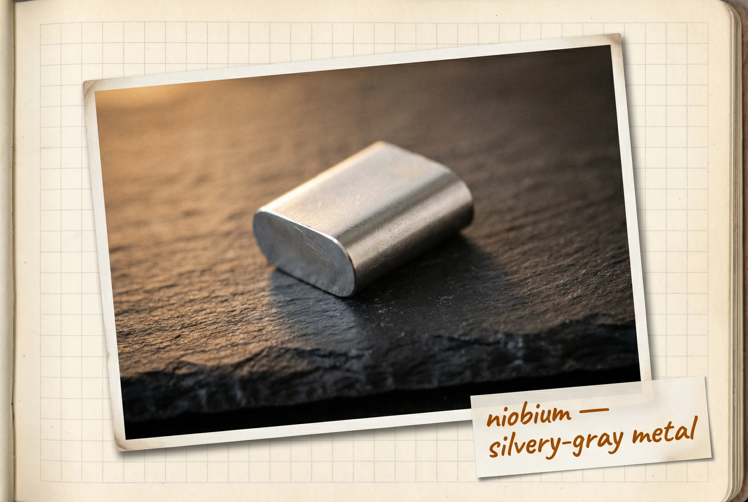 A silvery-gray piece of niobium metal with a clean metallic luster on black slate.