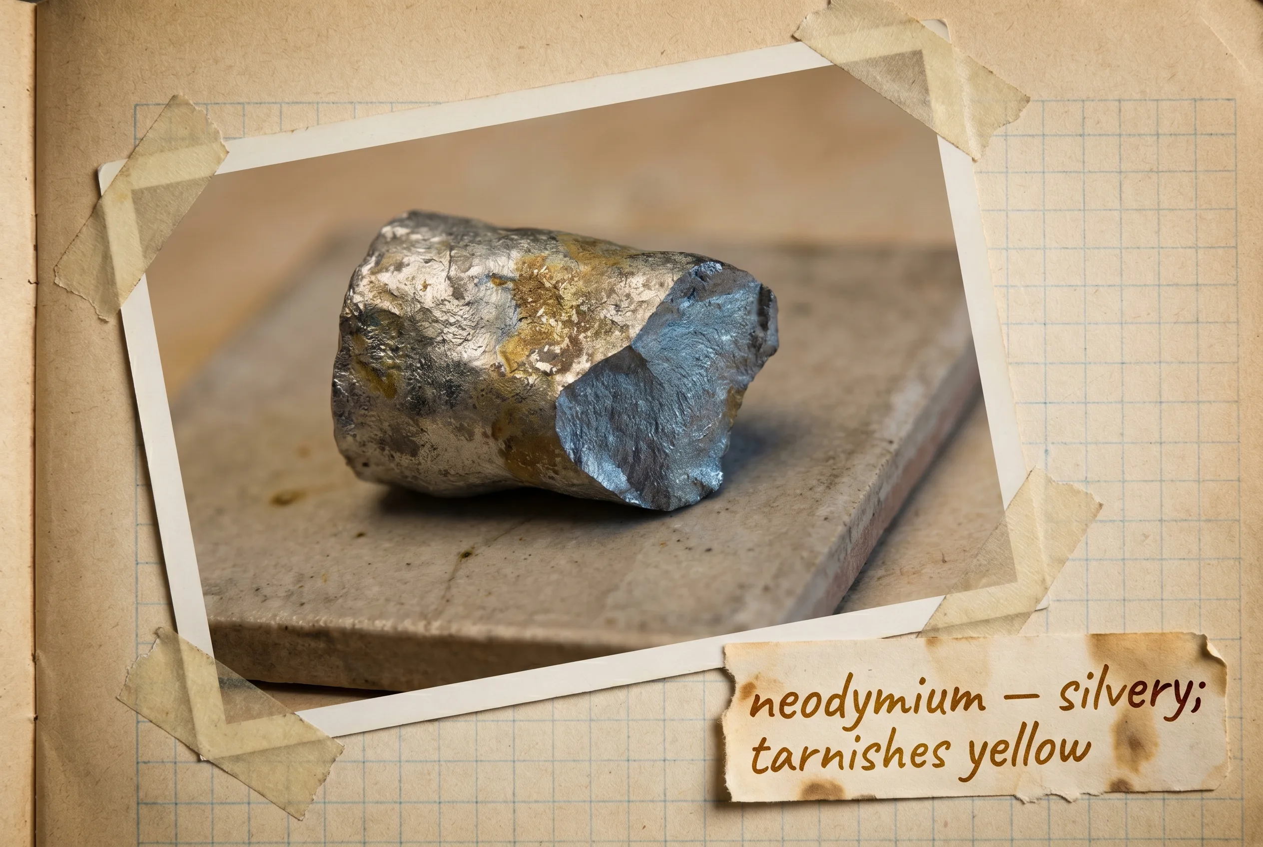 Silvery metal piece tarnishing to yellow with a bluish-gray fresh break.