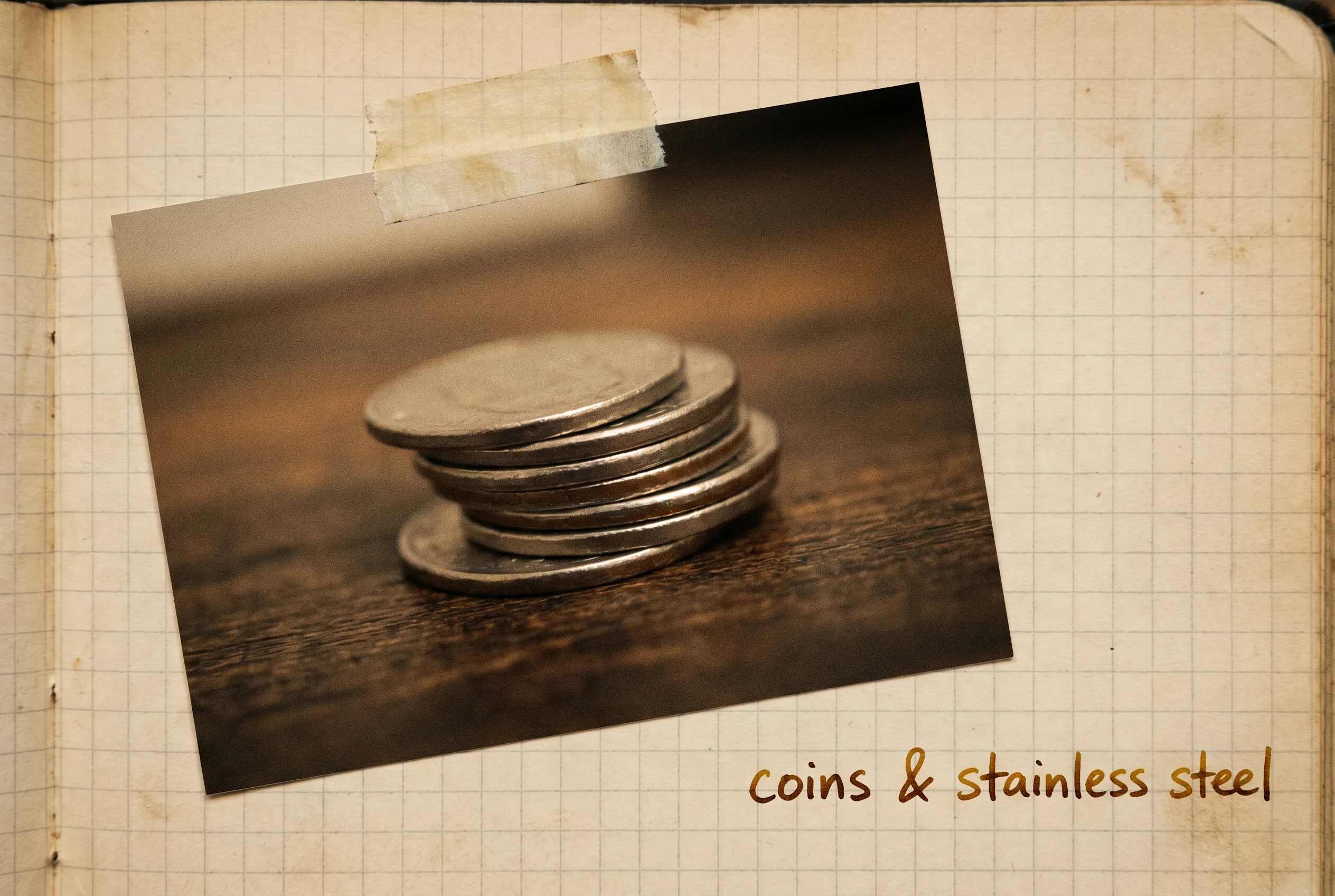 A small stack of plain silver-colored coins on a dark surface.