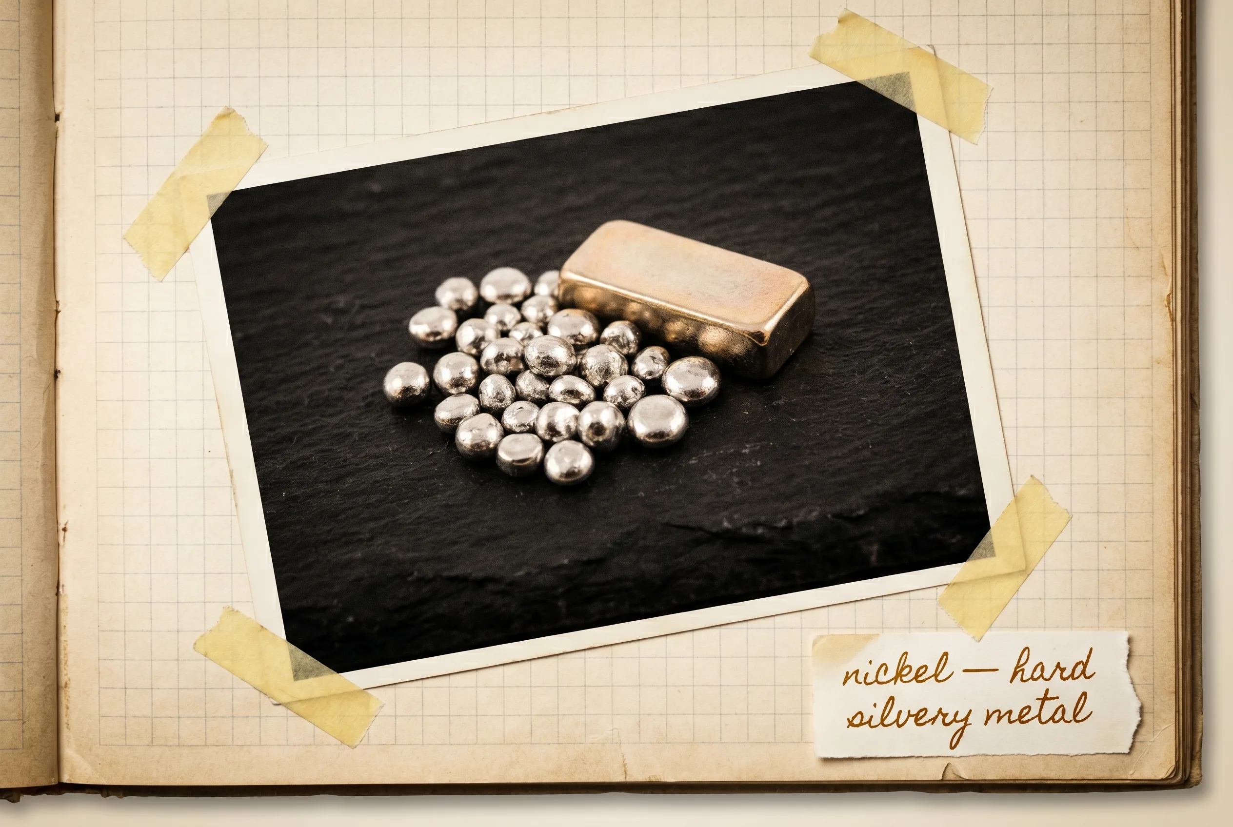 Nickel pellets and a small bar, lustrous silvery metal, on black slate.