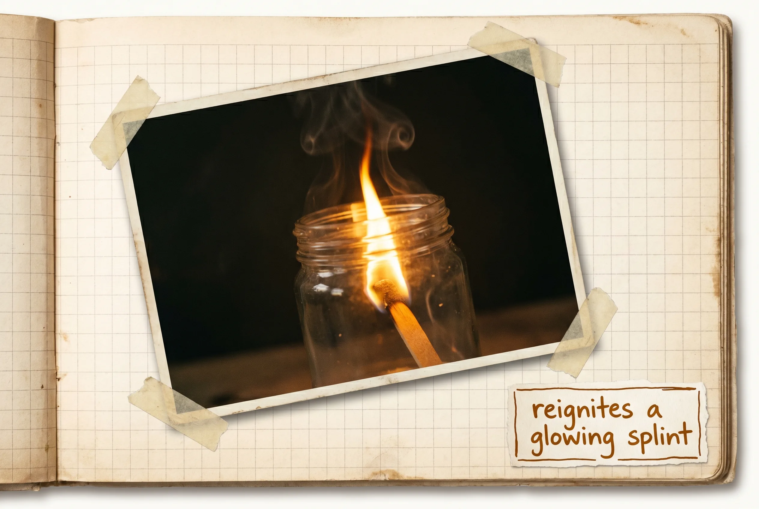 A glowing wooden splint reigniting into bright flame inside a jar.