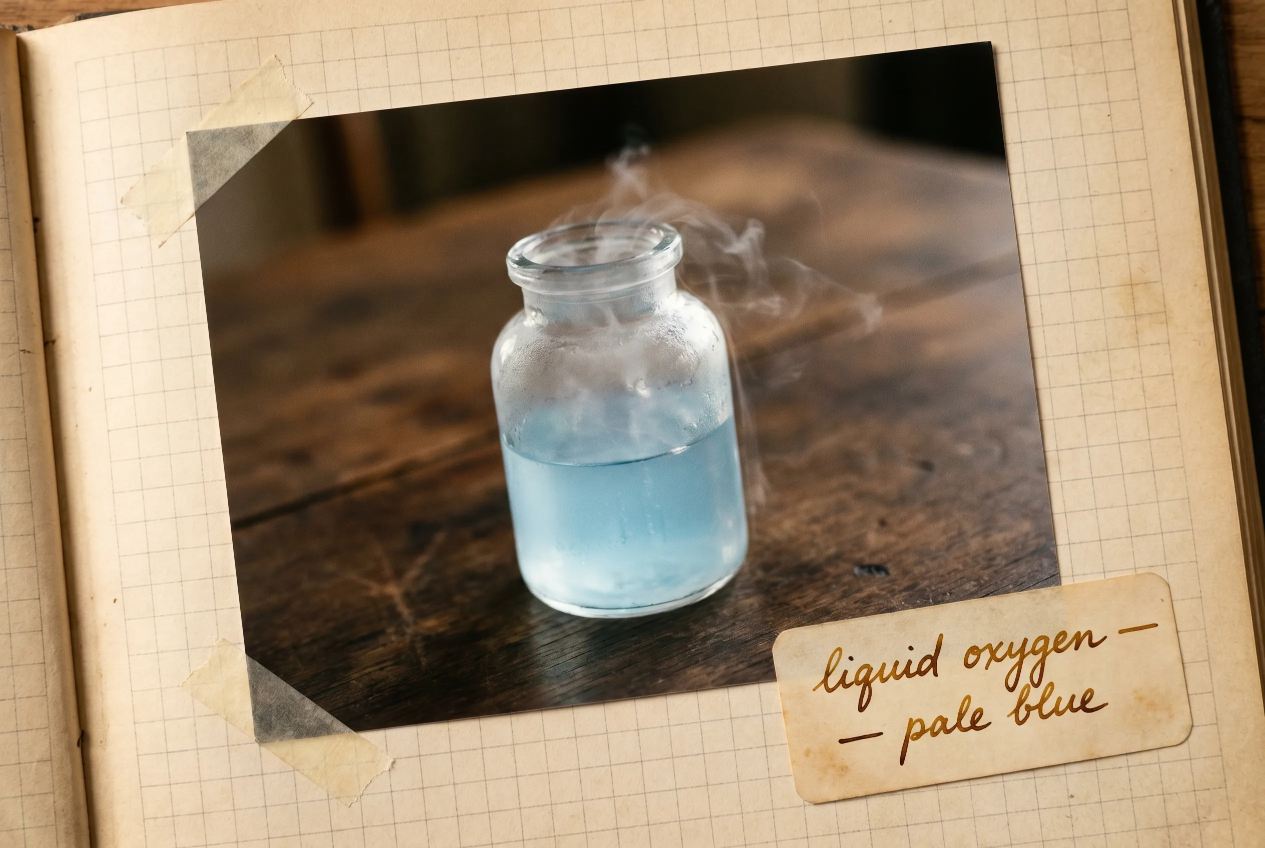 Pale blue liquid oxygen in a clear glass dewar with cold vapor drifting off.