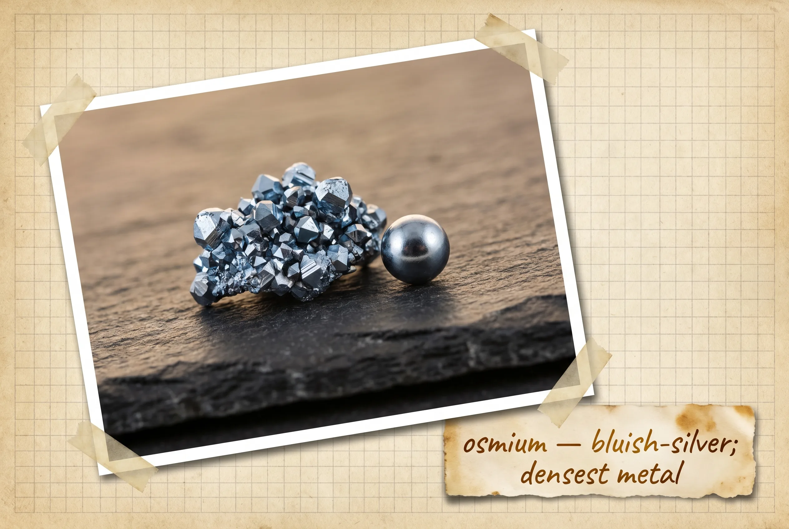 Cluster of bluish-silver osmium crystals and a bead with cold luster on dark slate.