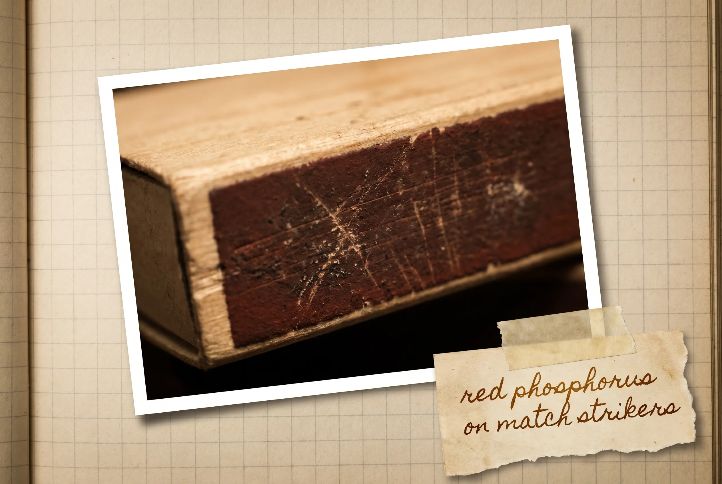Close-up of the dark red-brown rough striking strip on the side of a matchbox.