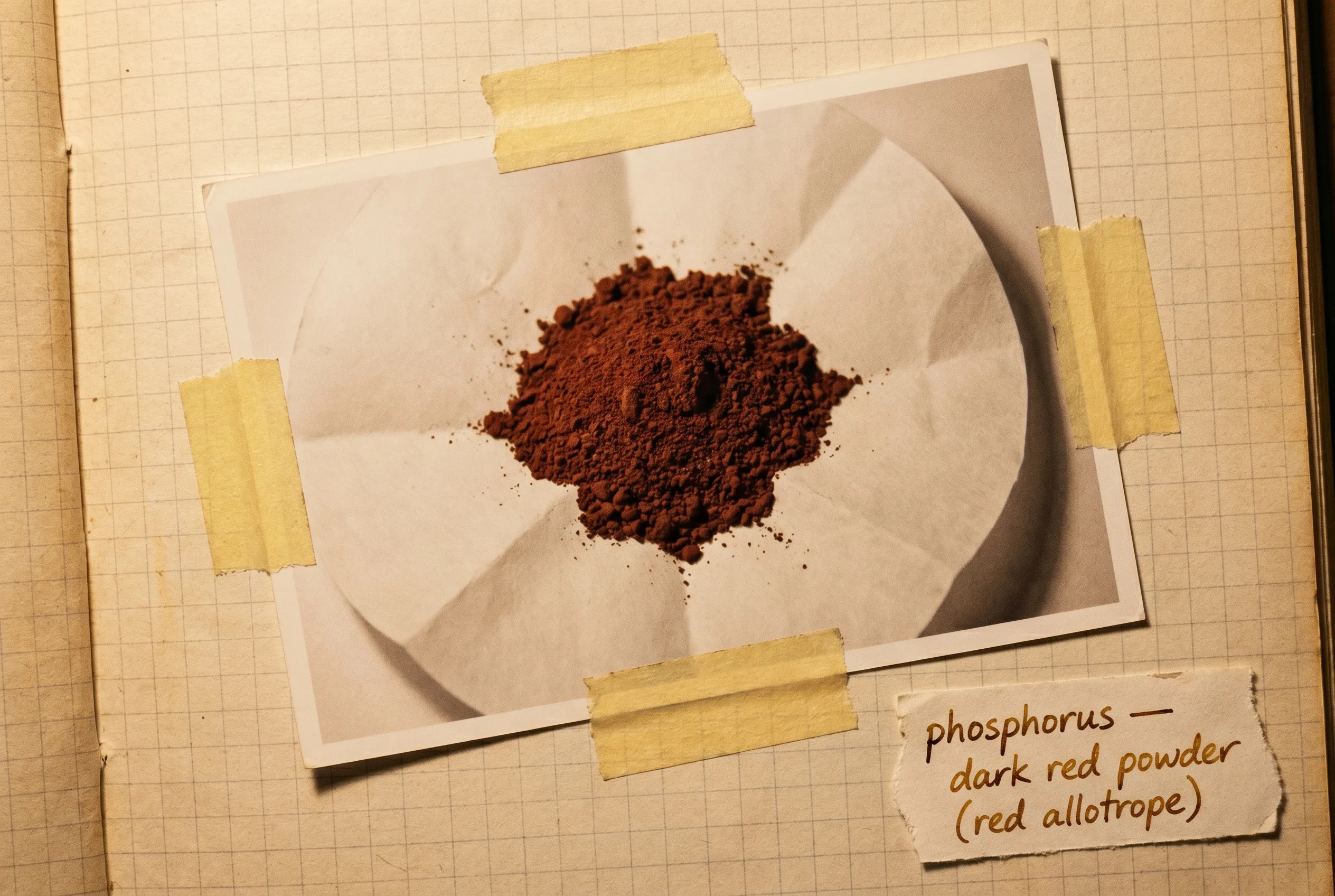A heap of dark brick-red phosphorus powder on white paper.