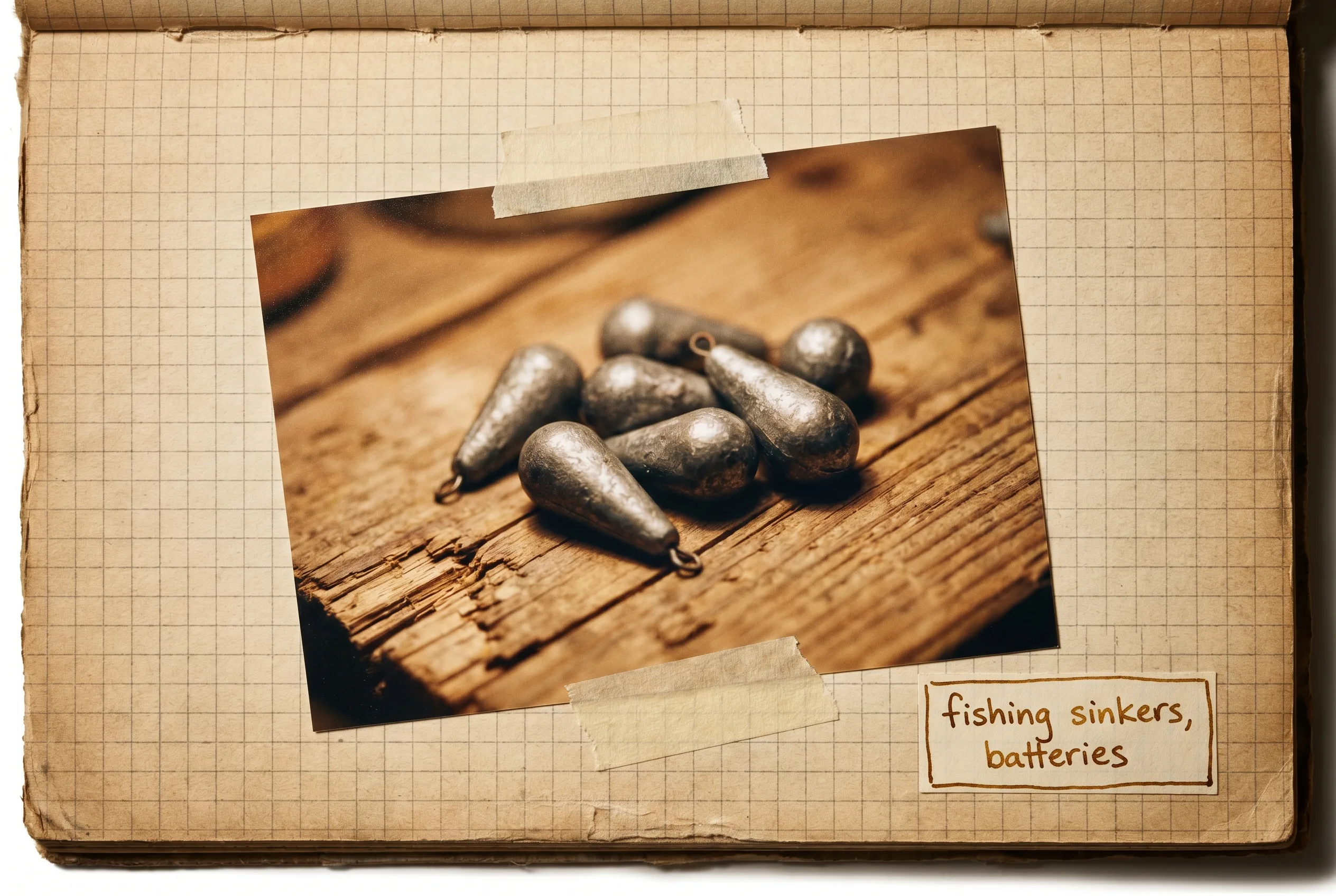 A handful of grey lead fishing sinkers in assorted shapes on weathered wood.