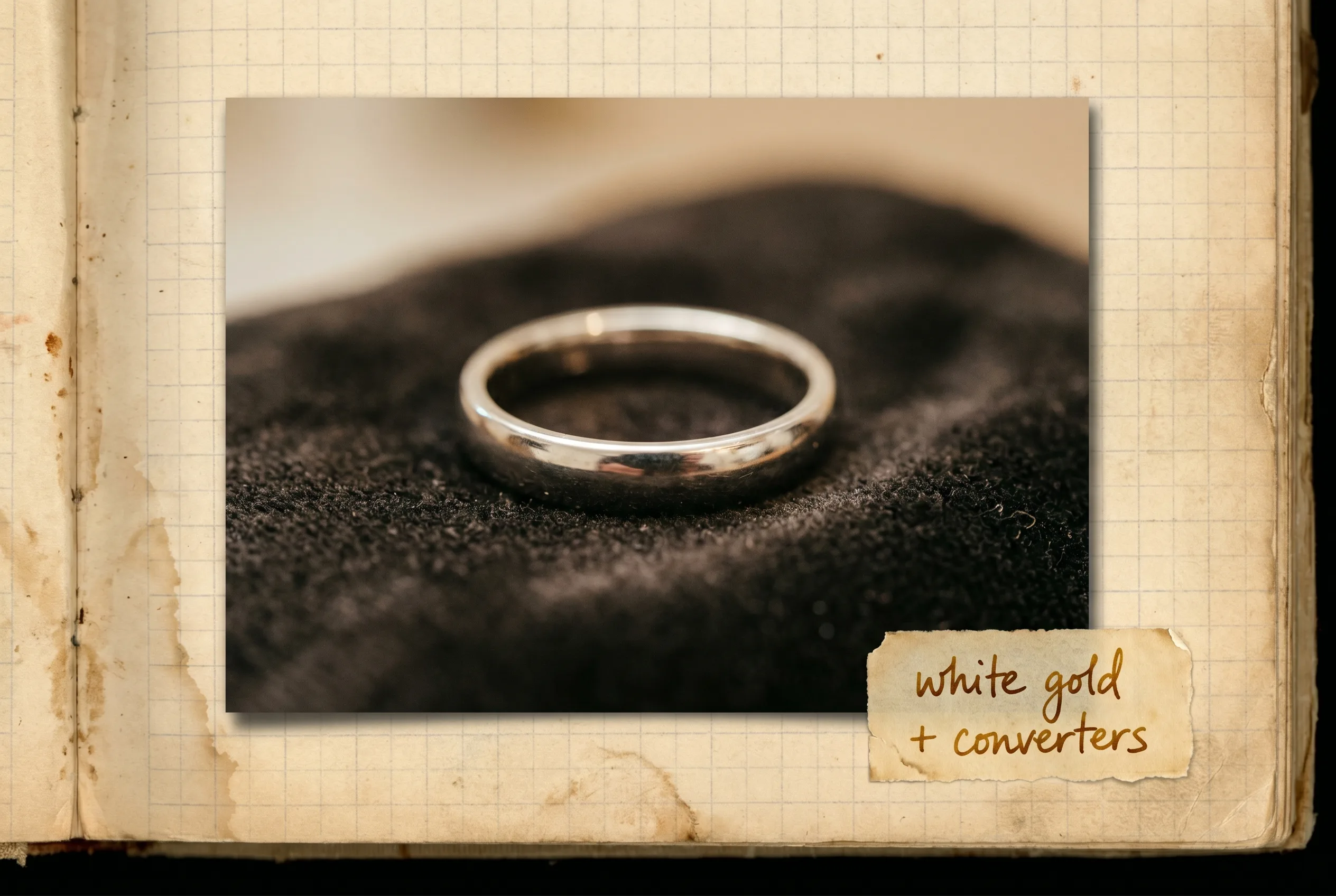 Polished white-gold ring band with a cool silvery sheen on dark cloth.