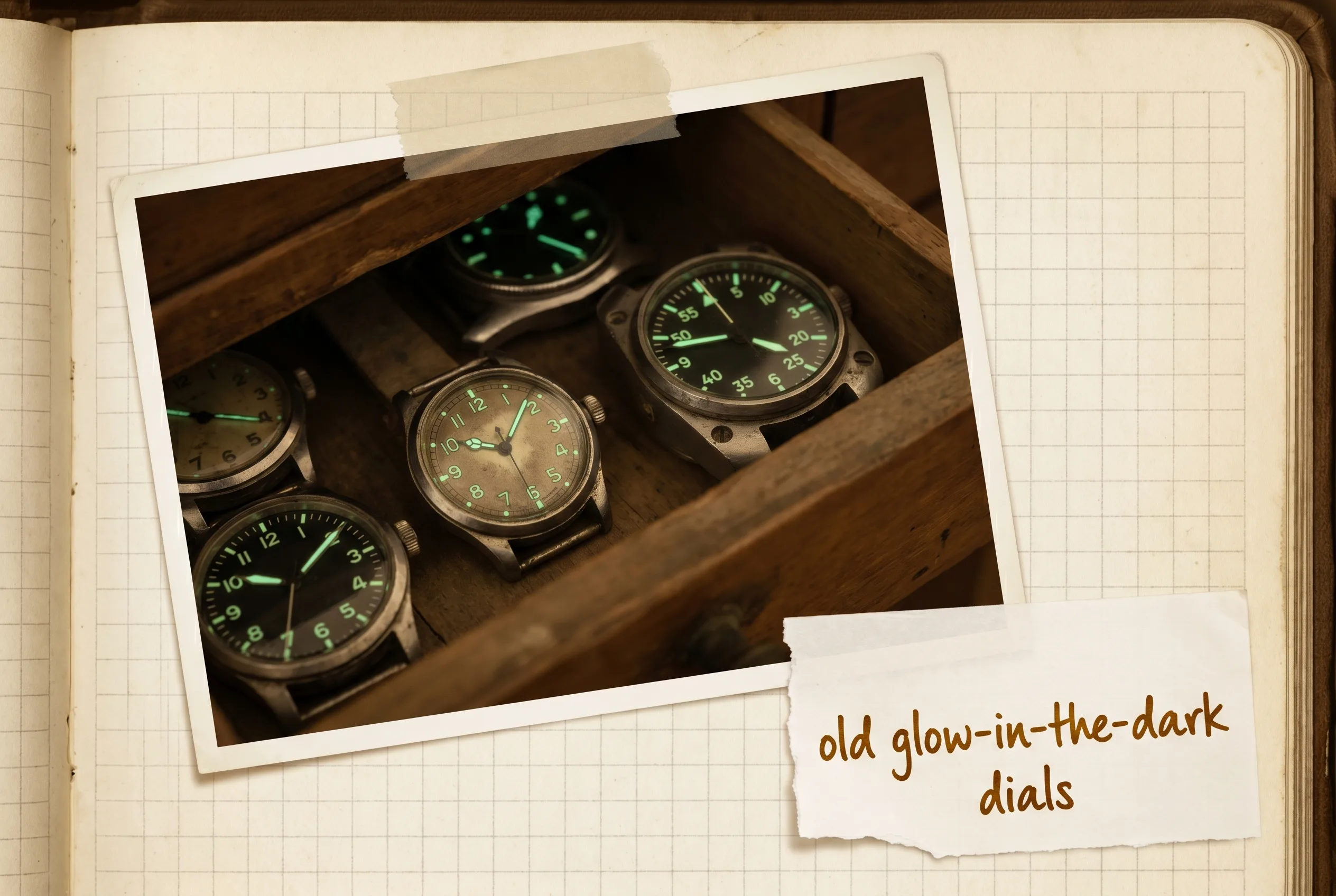 Wristwatch and instrument dial with numerals glowing soft green in the dark.