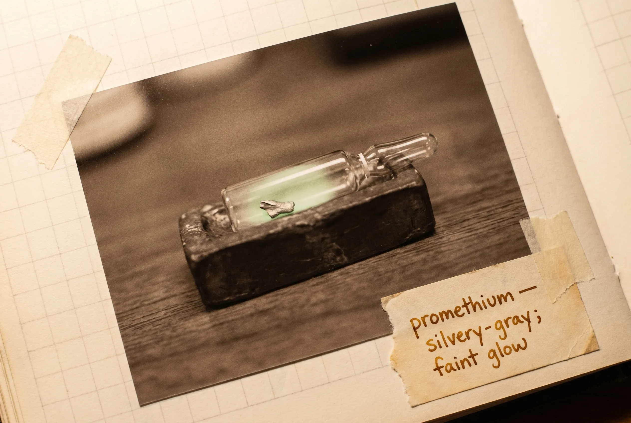 Dull silvery-gray metal fragment sealed in a small glass ampoule with a faint green glow.