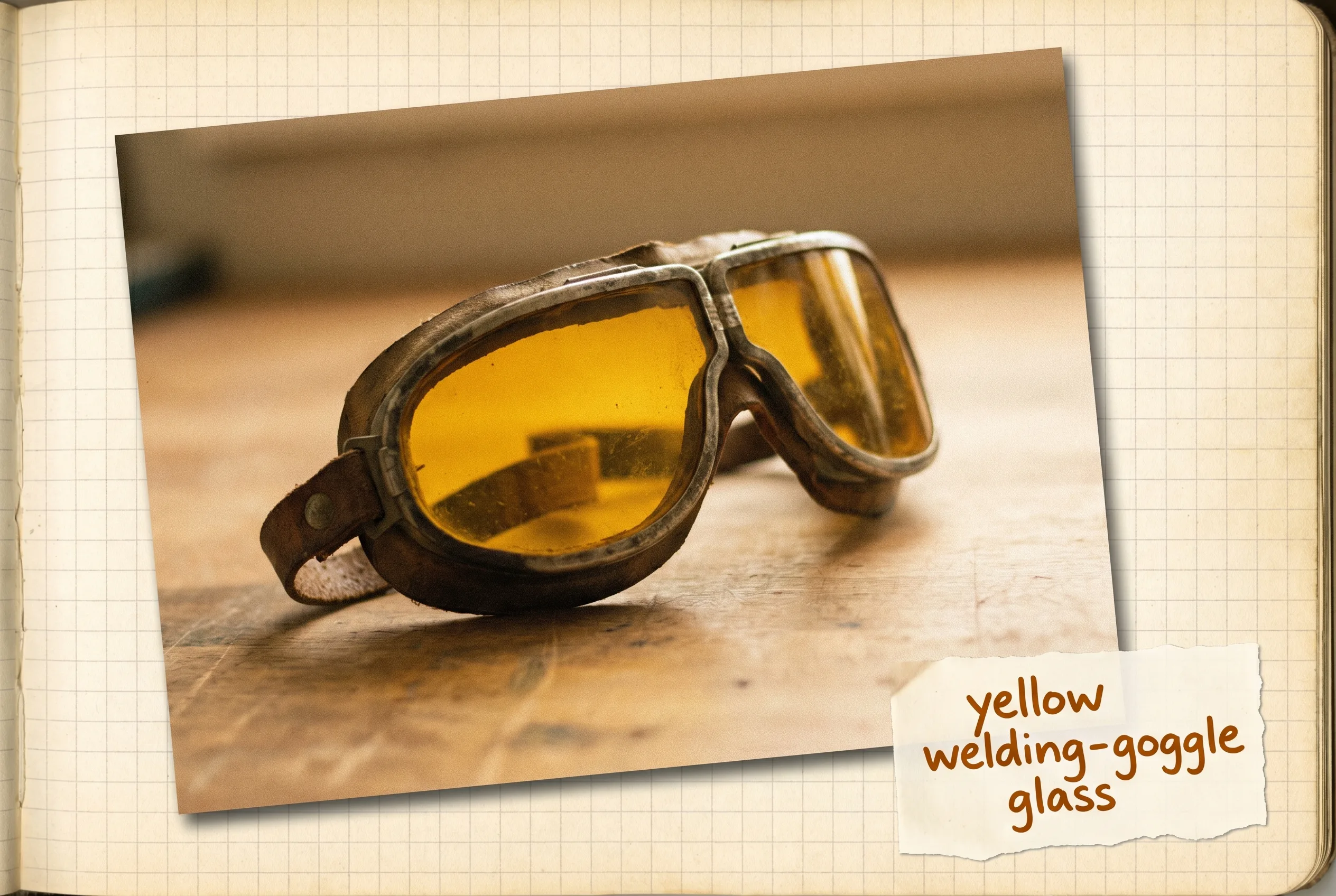Welding goggles with deep amber-yellow tinted lenses on a workbench.