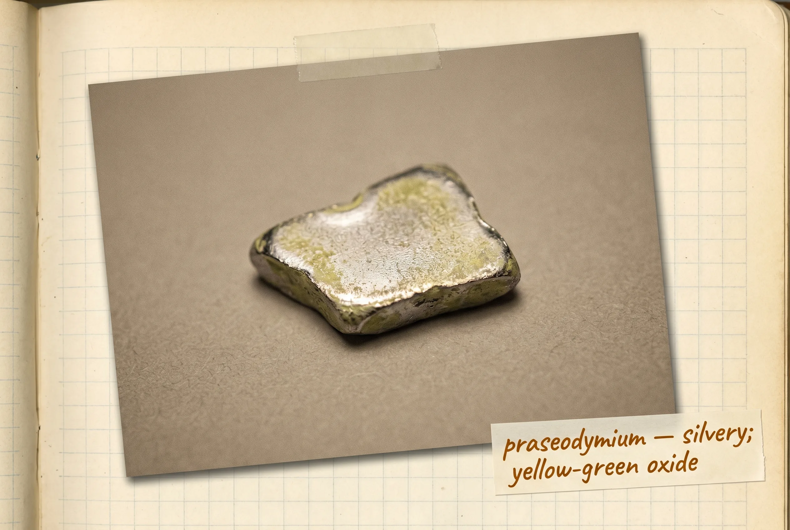 Silvery metal piece with a faint yellow-green oxide film on its surface.