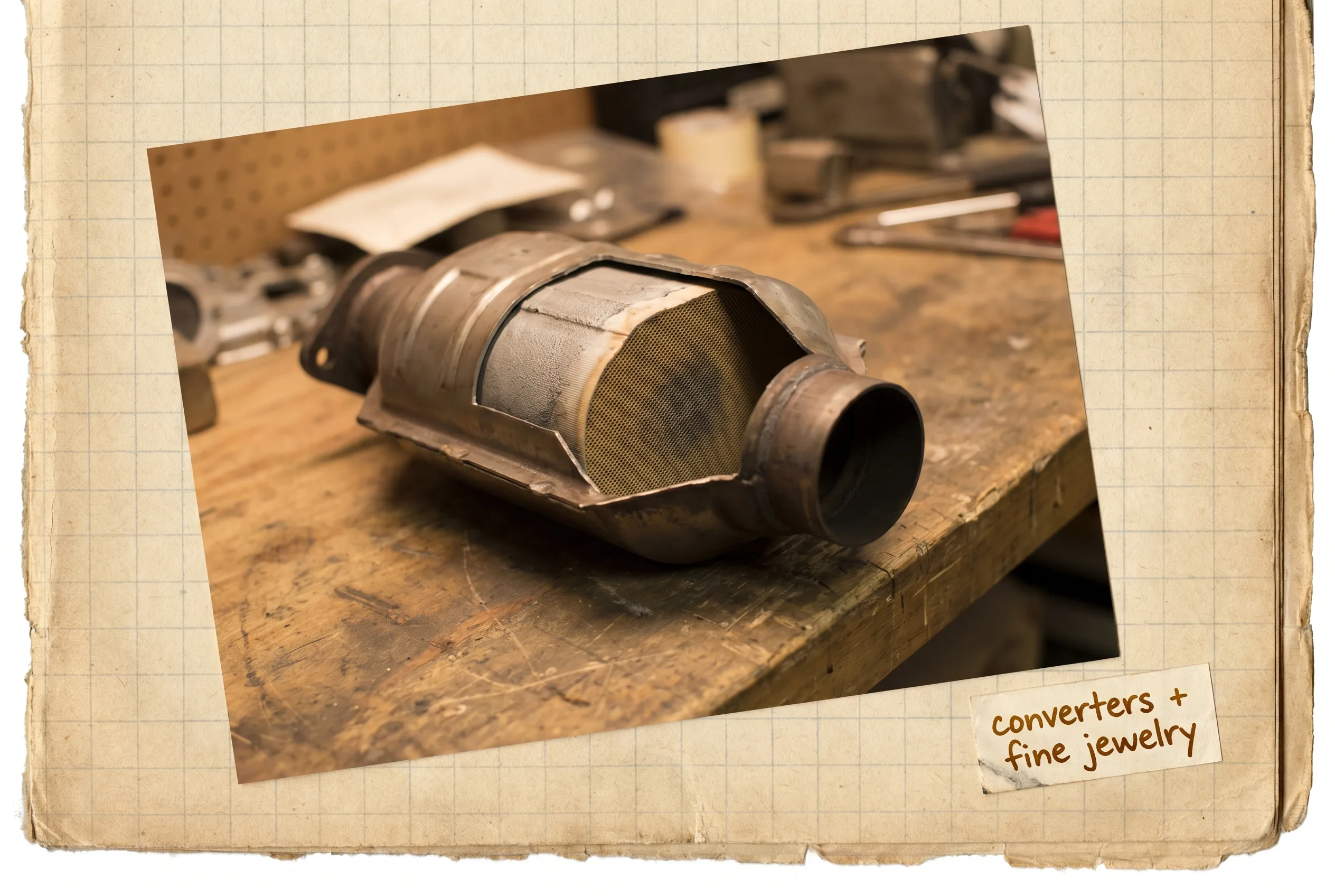 Cutaway catalytic converter showing a platinum-coated honeycomb ceramic core on a bench.
