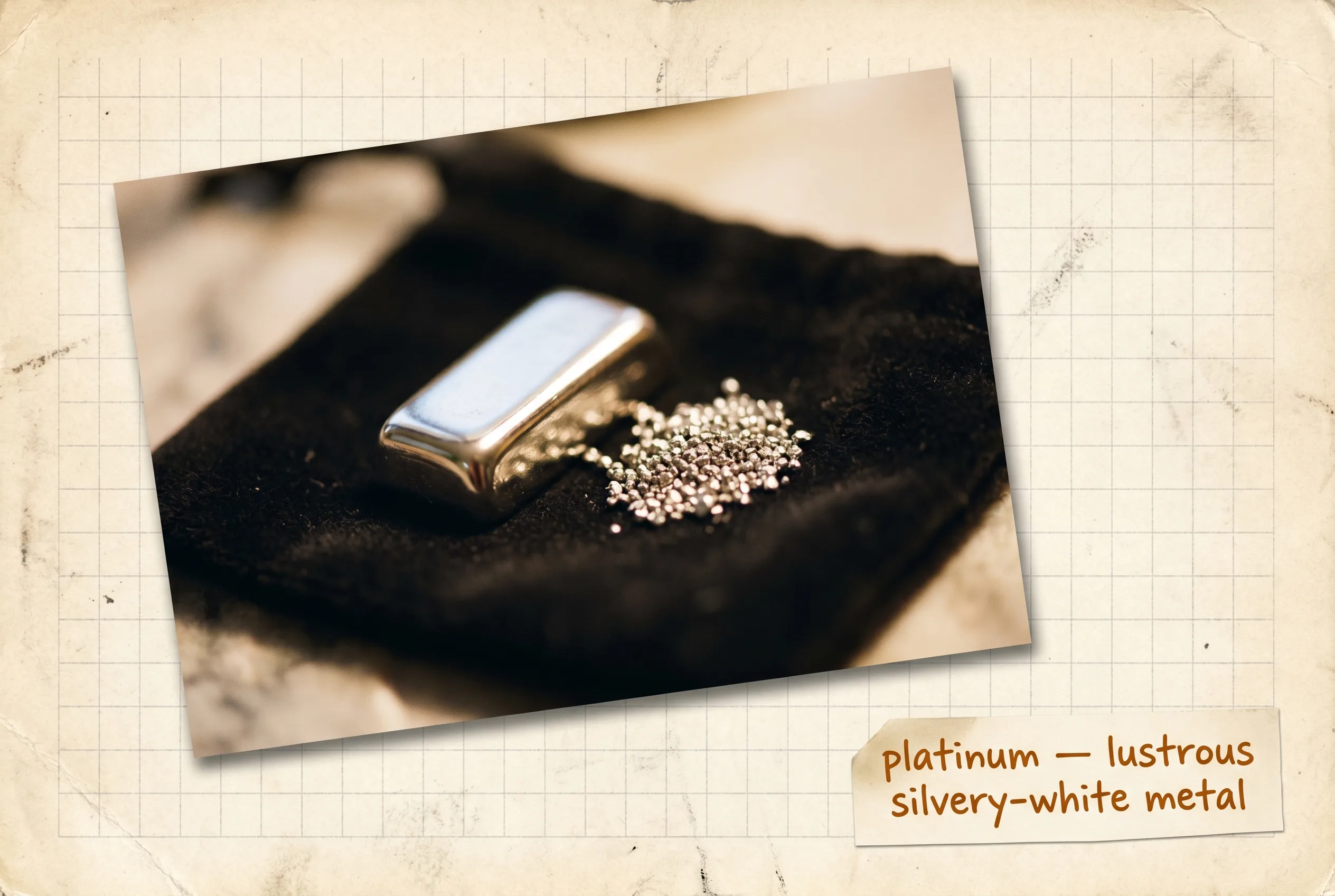 Polished silvery-white platinum bar beside platinum grains on dark velvet.