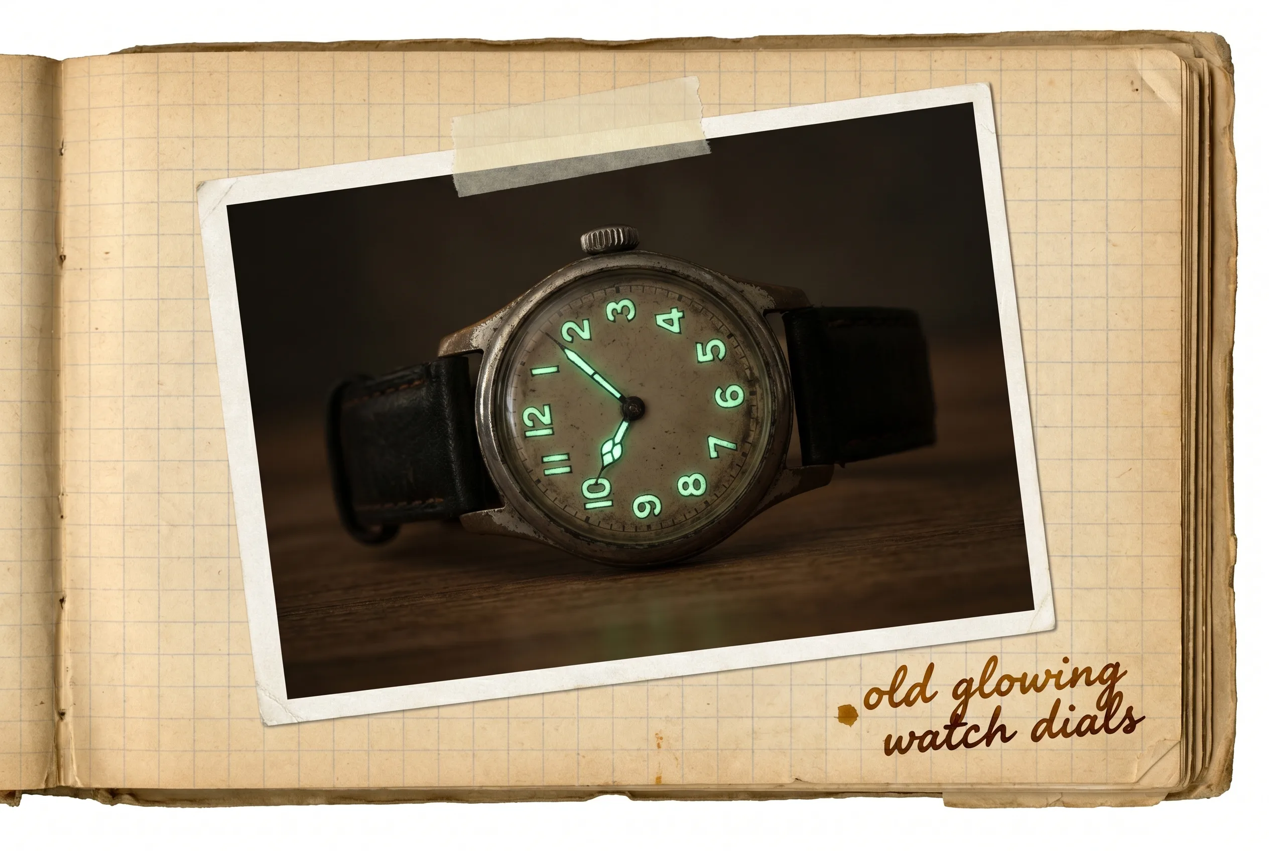 Antique wristwatch in the dark with dial numbers glowing soft green from radium paint.