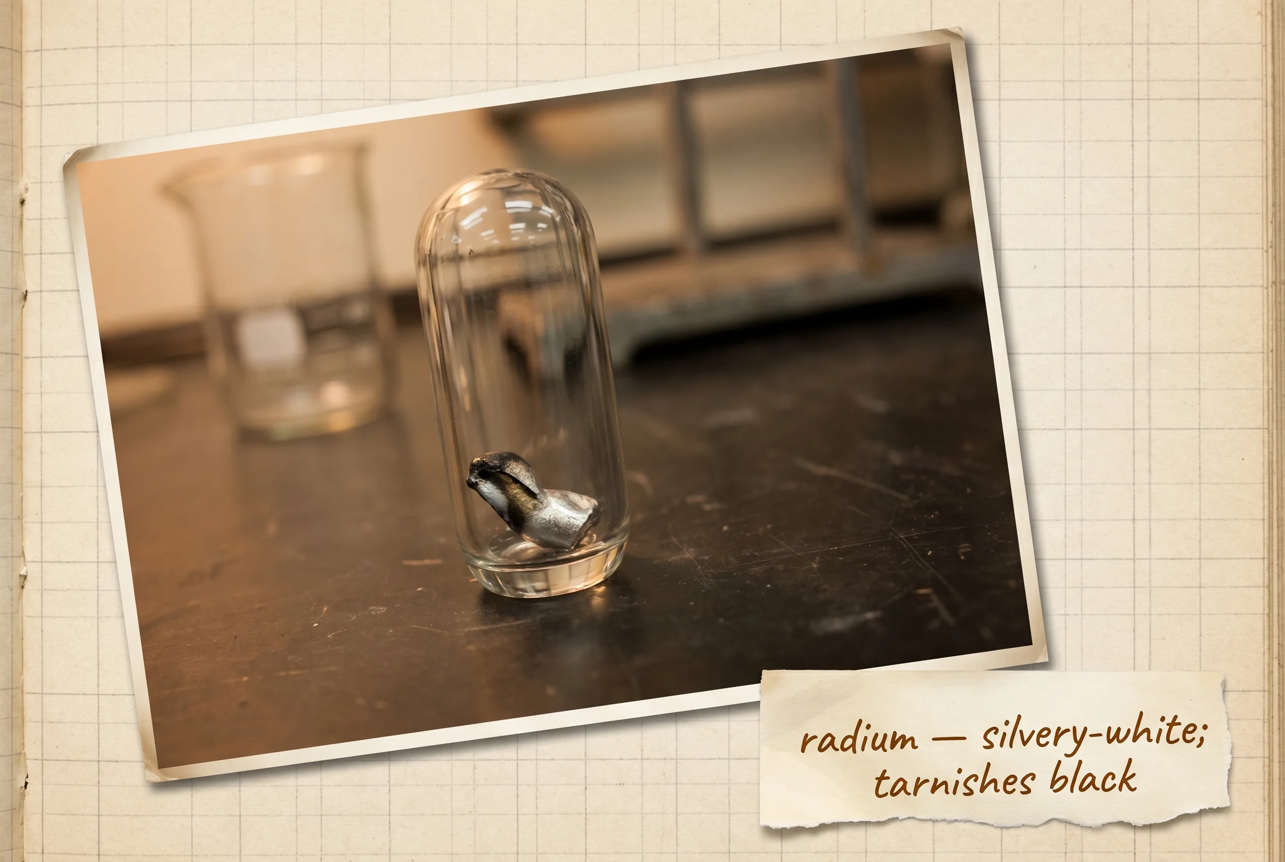 Tiny sealed sample of silvery-white radium metal tarnishing black inside a thick container.