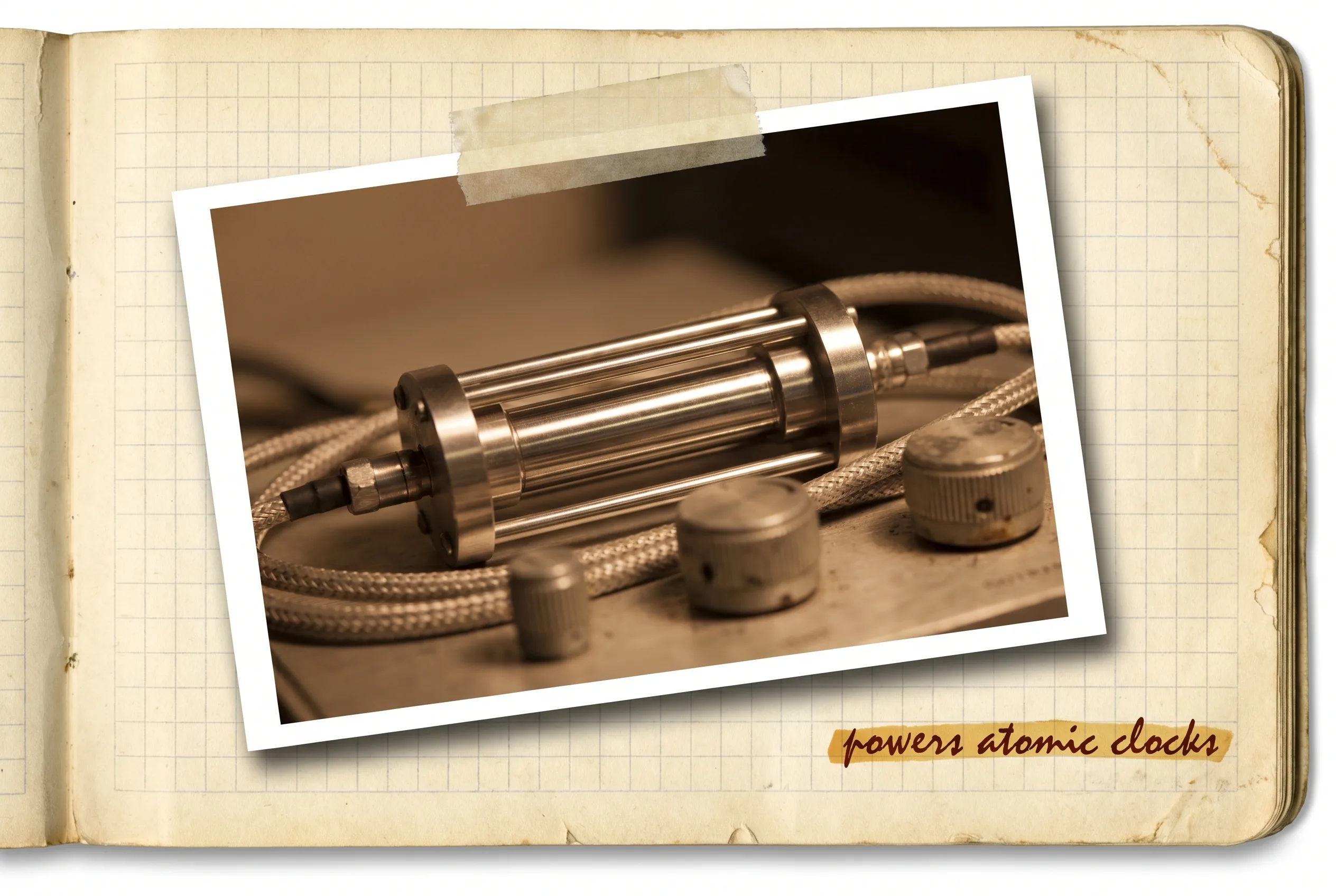 A compact metal atomic-clock instrument with a slim cylindrical physics package.