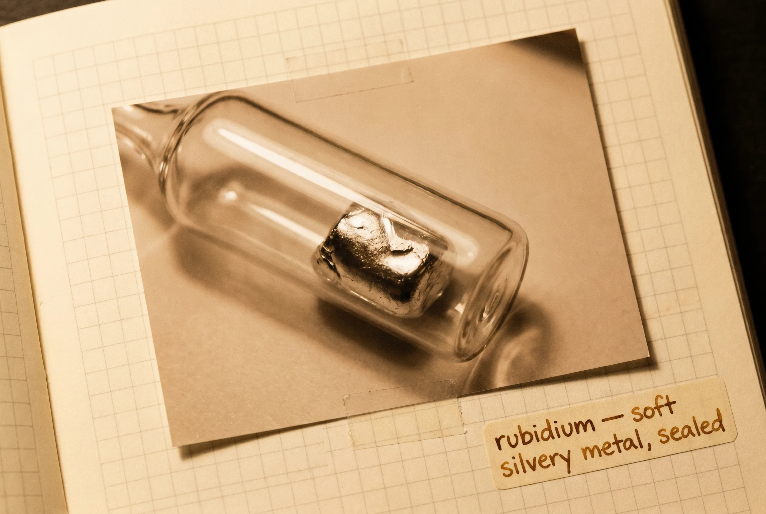 A soft silvery piece of rubidium metal sealed inside a clear glass ampoule.