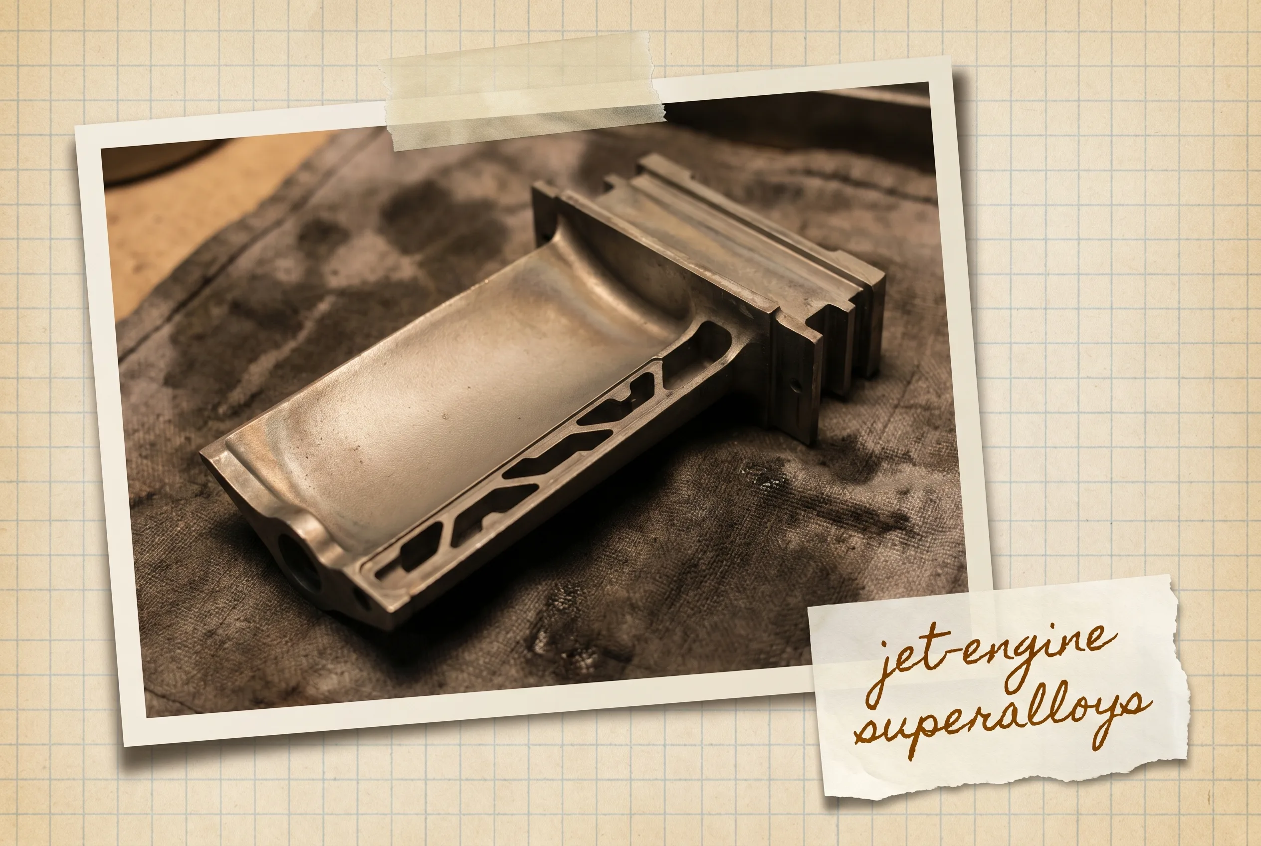 Cutaway nickel-rhenium superalloy jet-engine turbine blade on a dark workshop cloth.