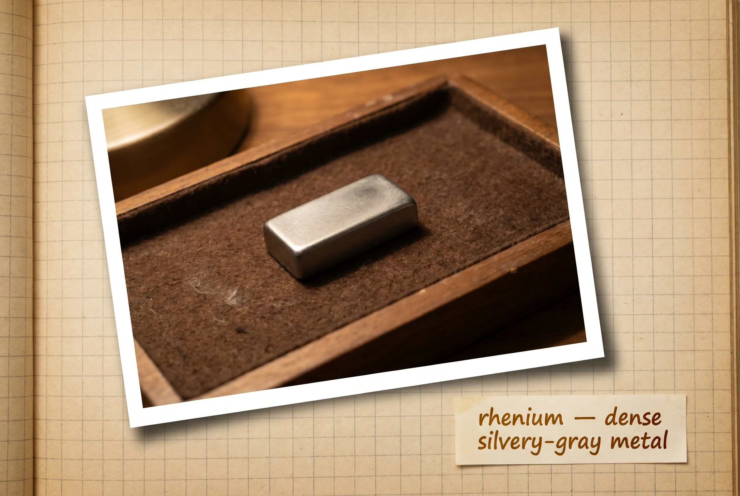 Small dense silvery-gray rhenium metal ingot with a matte sheen on a felt-lined tray.