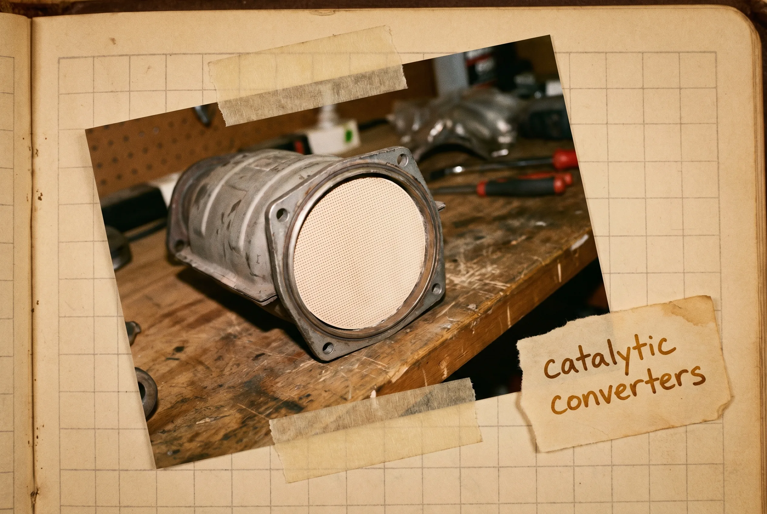 Cut-open catalytic converter showing a pale ceramic honeycomb core.
