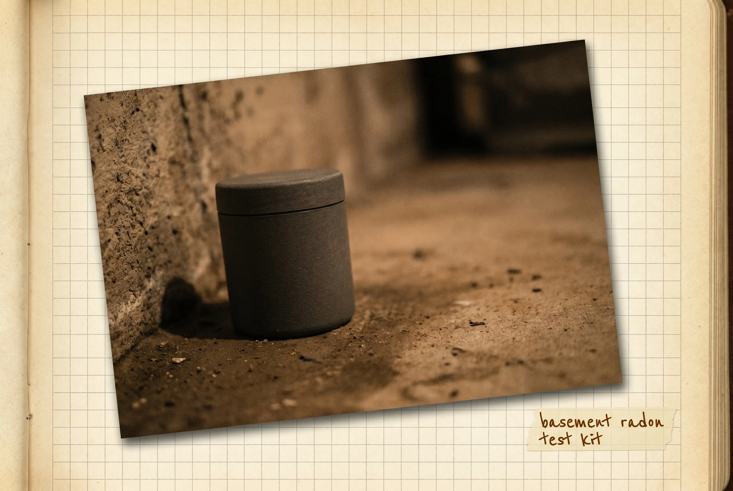 Plain charcoal radon test canister on a basement concrete floor by a foundation wall.
