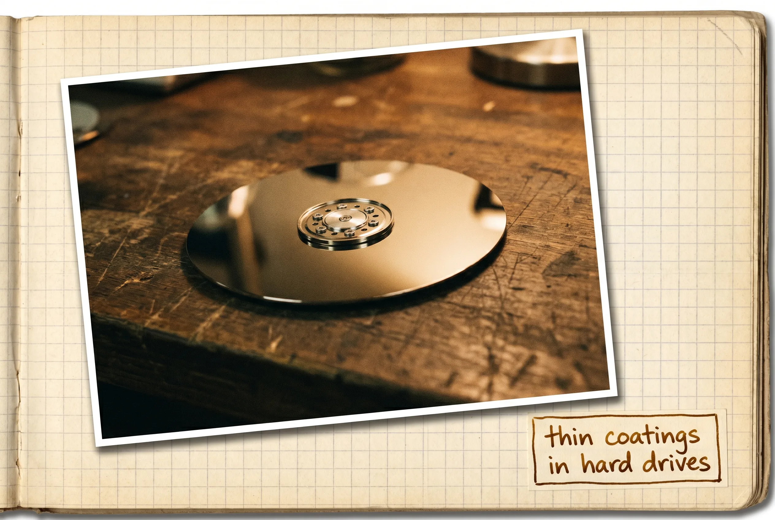 A mirror-bright bare hard-drive platter catching a sweep of light on a dark surface.